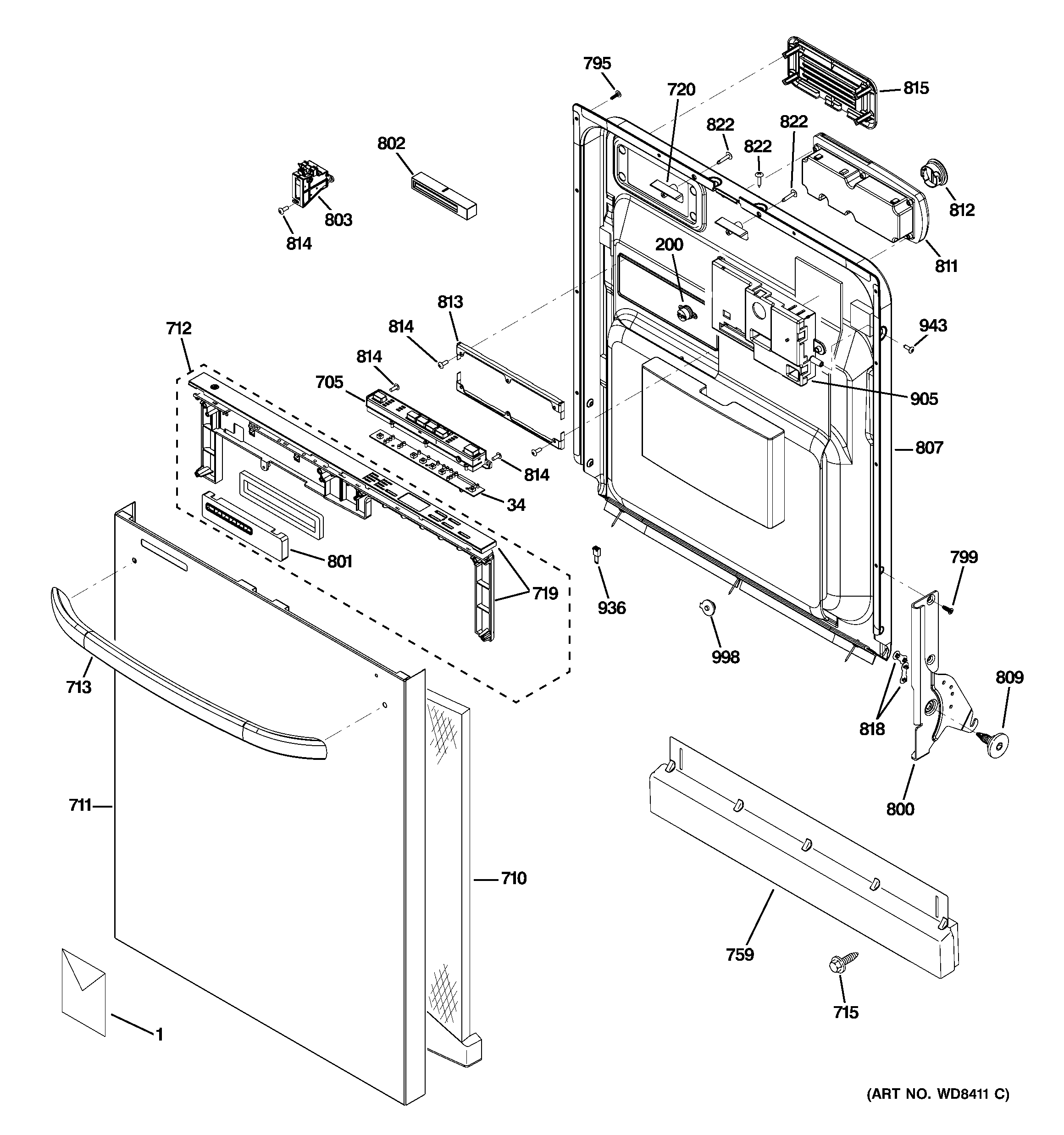 GE GLD5708V00BB escutcheon & door assembly diagram