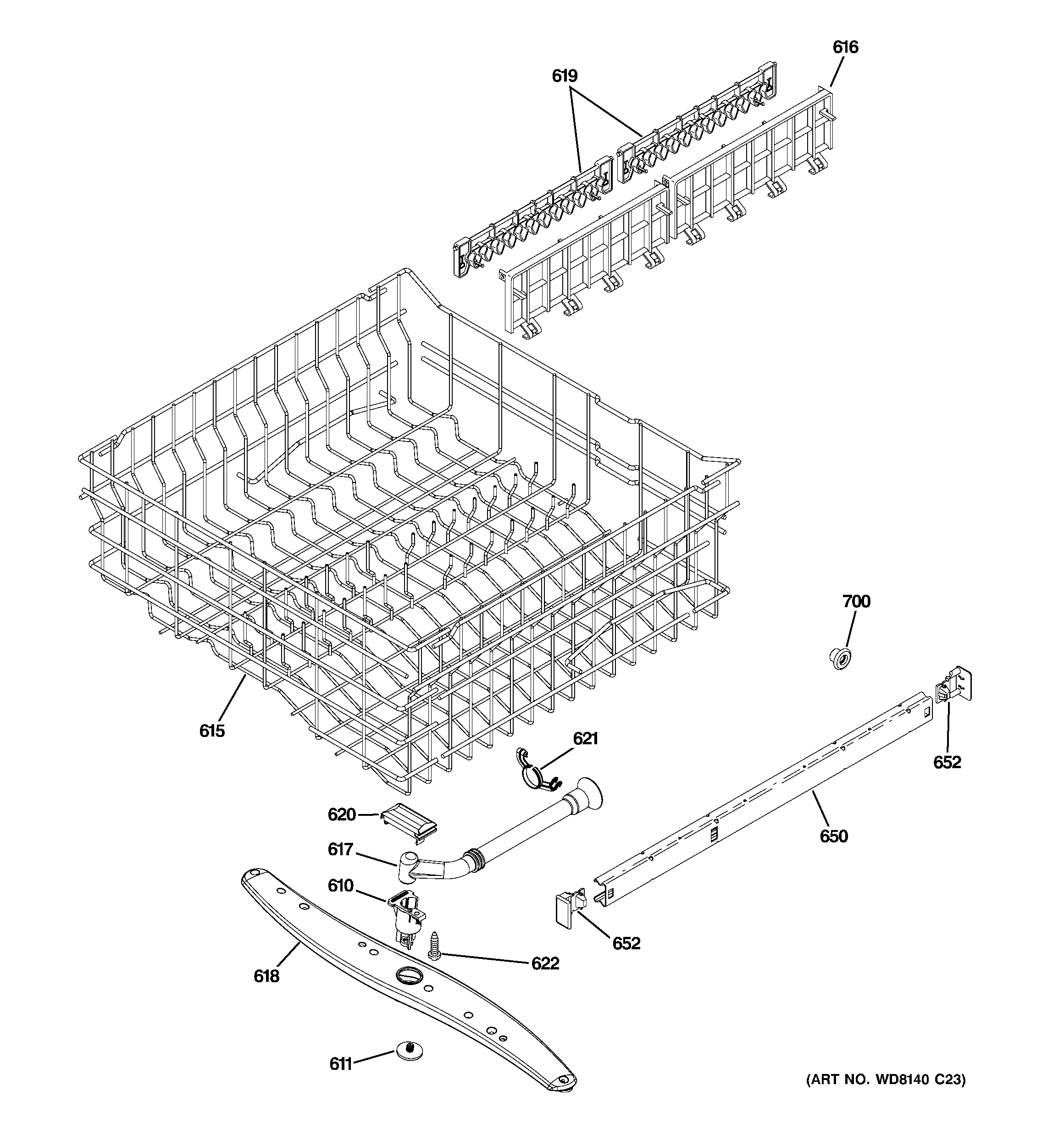 GE GLD5708V00BB upper rack assembly diagram