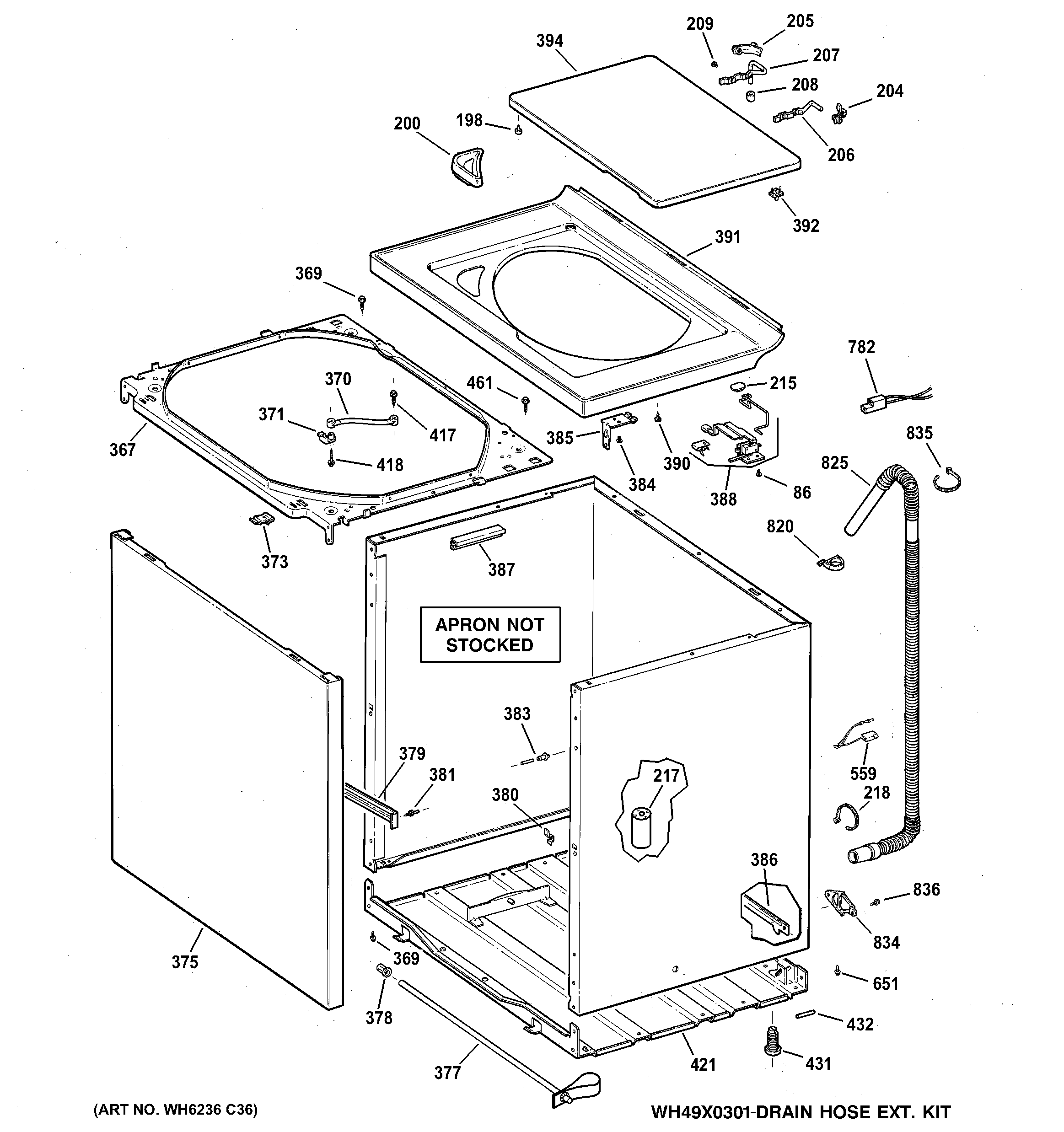 GE WJSR4160D0WW cabinet, cover & top panel diagram