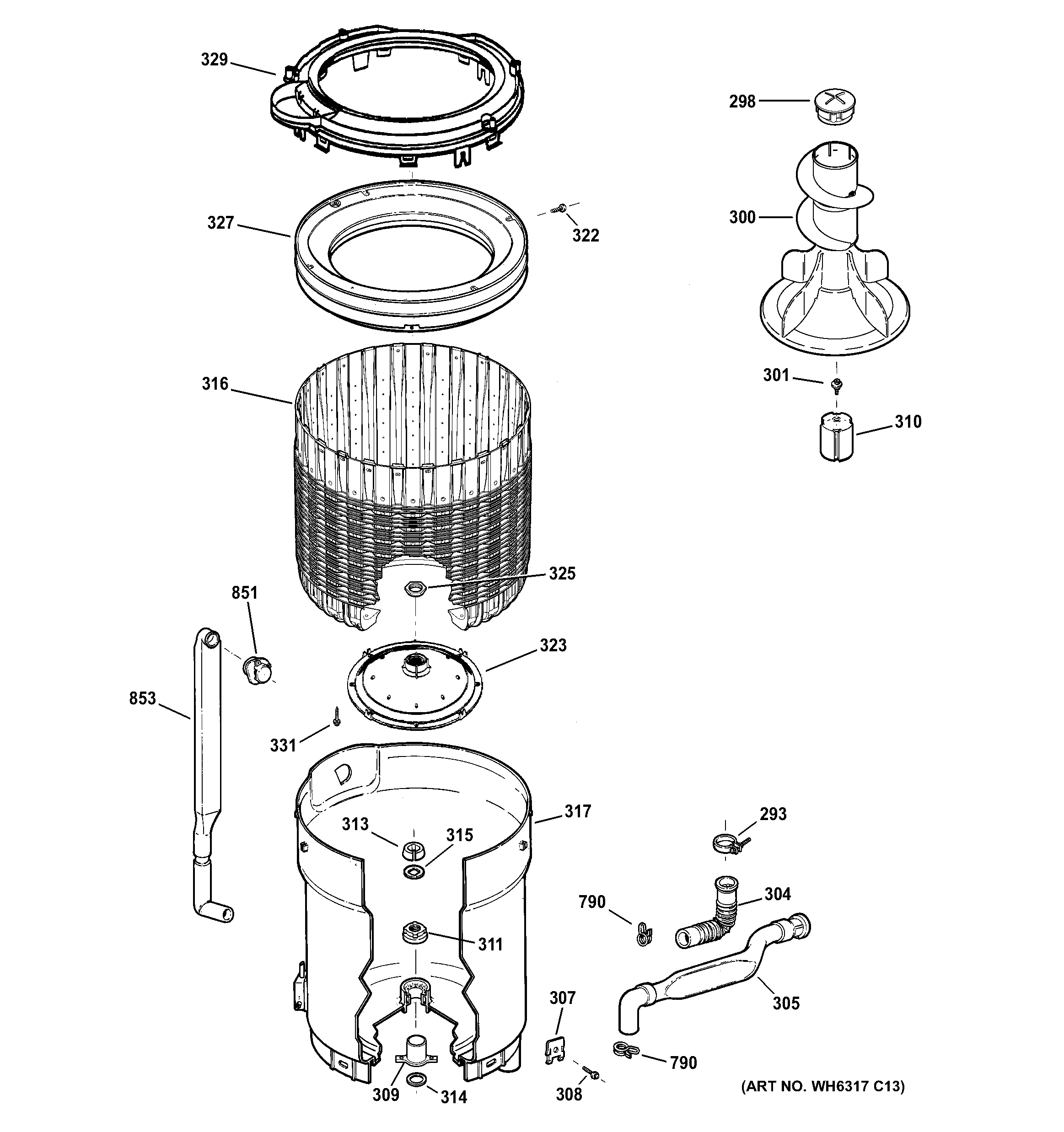 GE WJSR4160D0WW tub, basket & agitator diagram