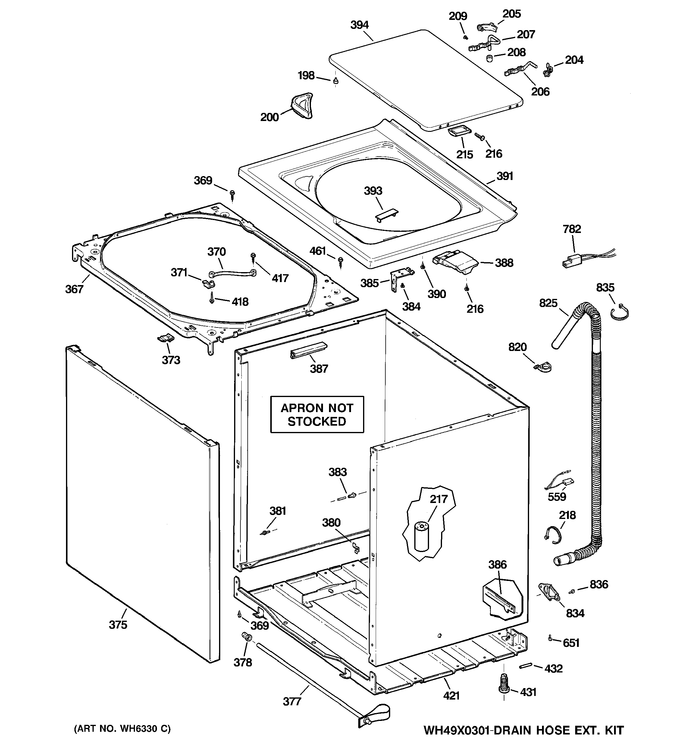 GE WJSR4160DAWW cabinet, cover & top panel diagram