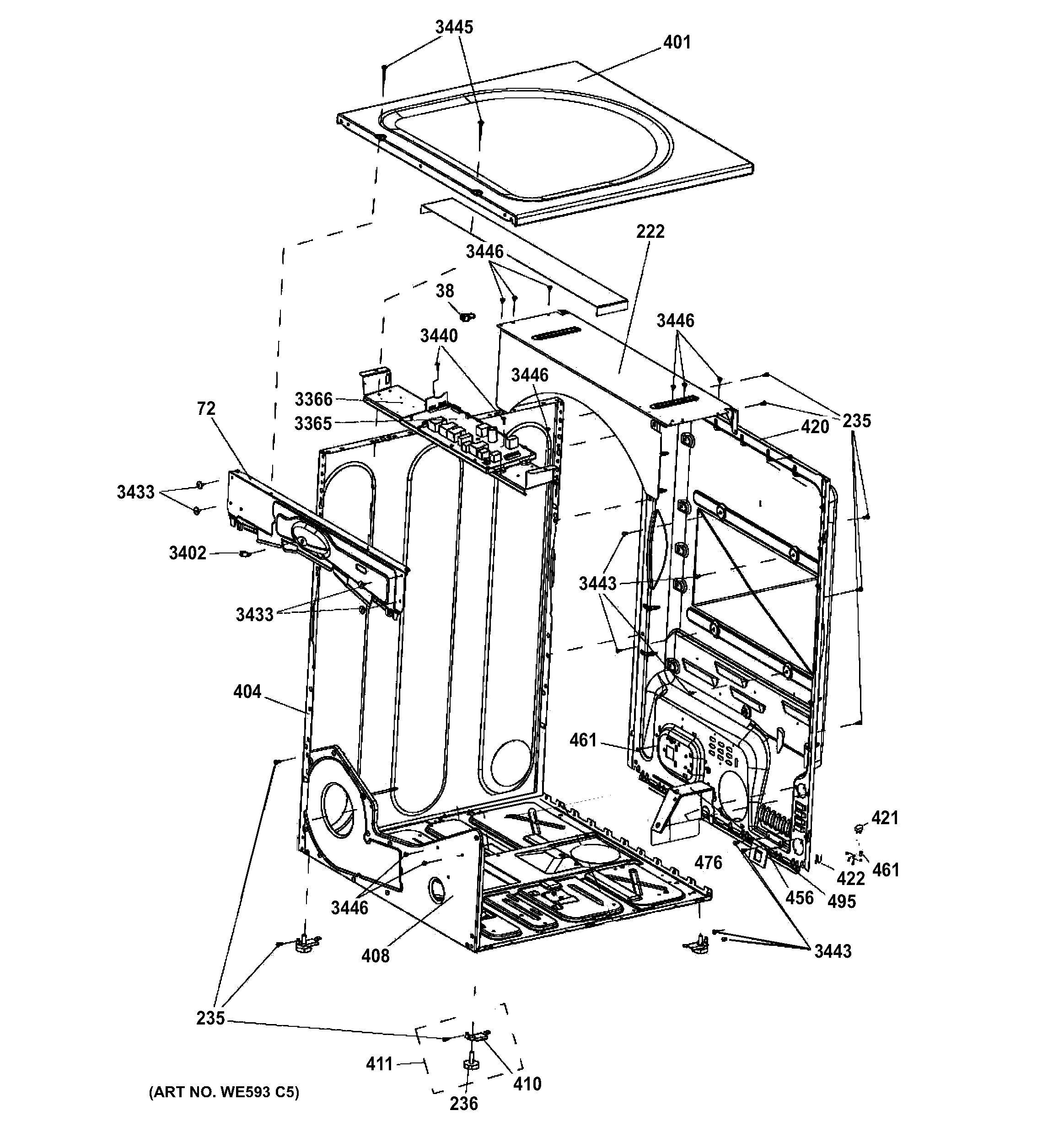 GE GFDN245GL1MV cabinet & top panel diagram