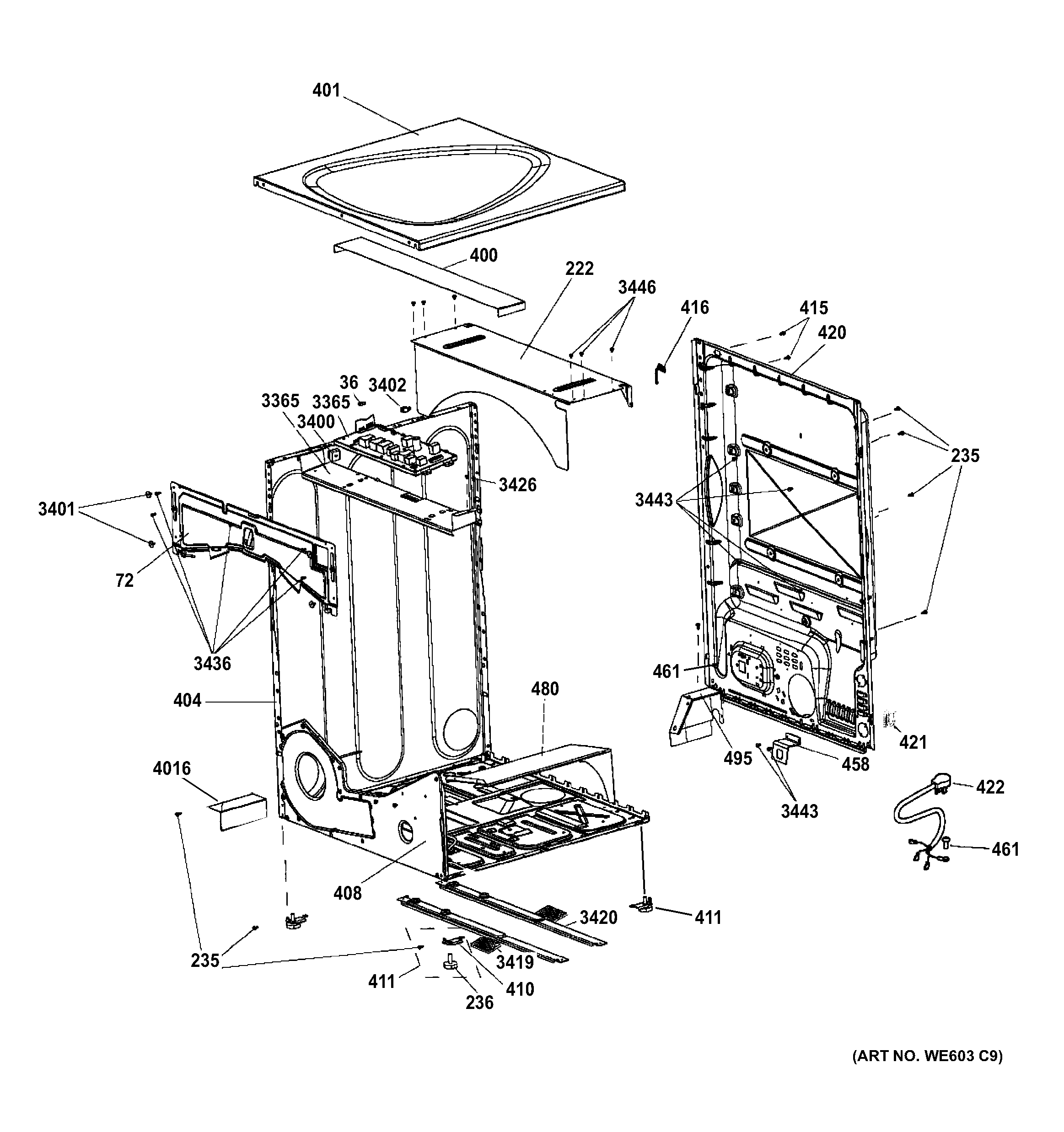 GE PFDN445GL2MG cabinet & top panel diagram