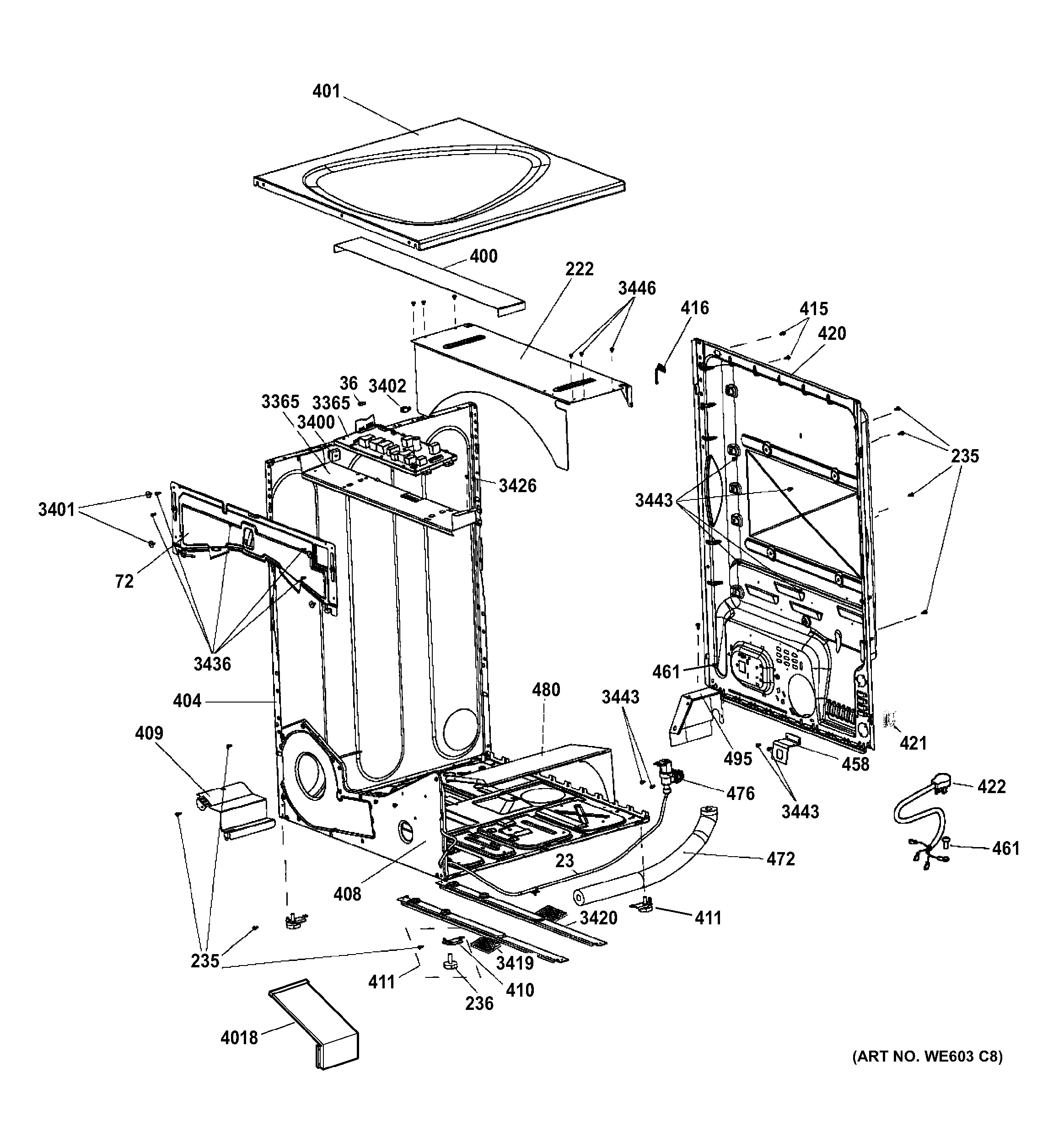 GE PFDS451GL2WW cabinet & top panel diagram