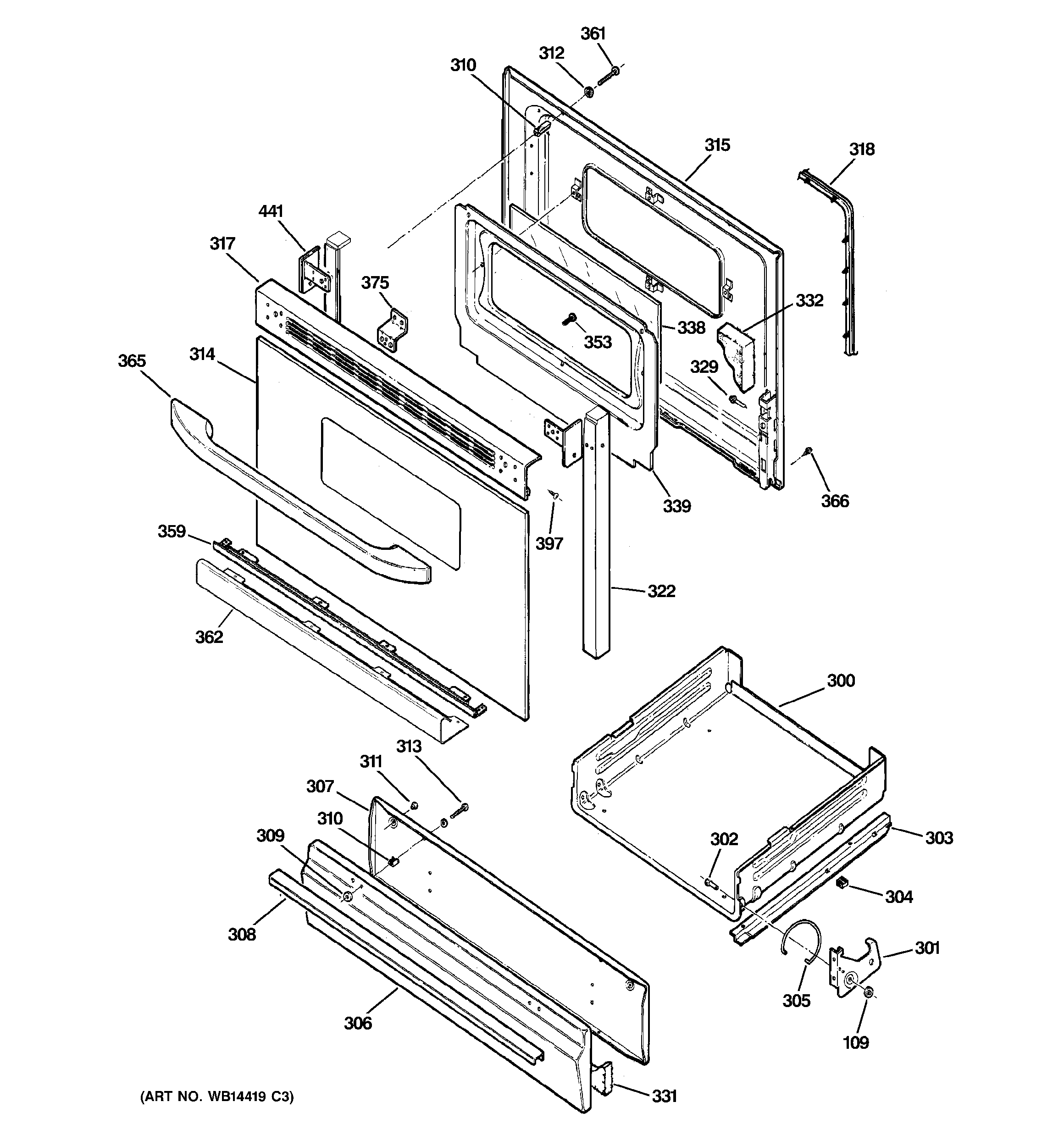 Hotpoint RGB530DET3BB door & drawer parts diagram