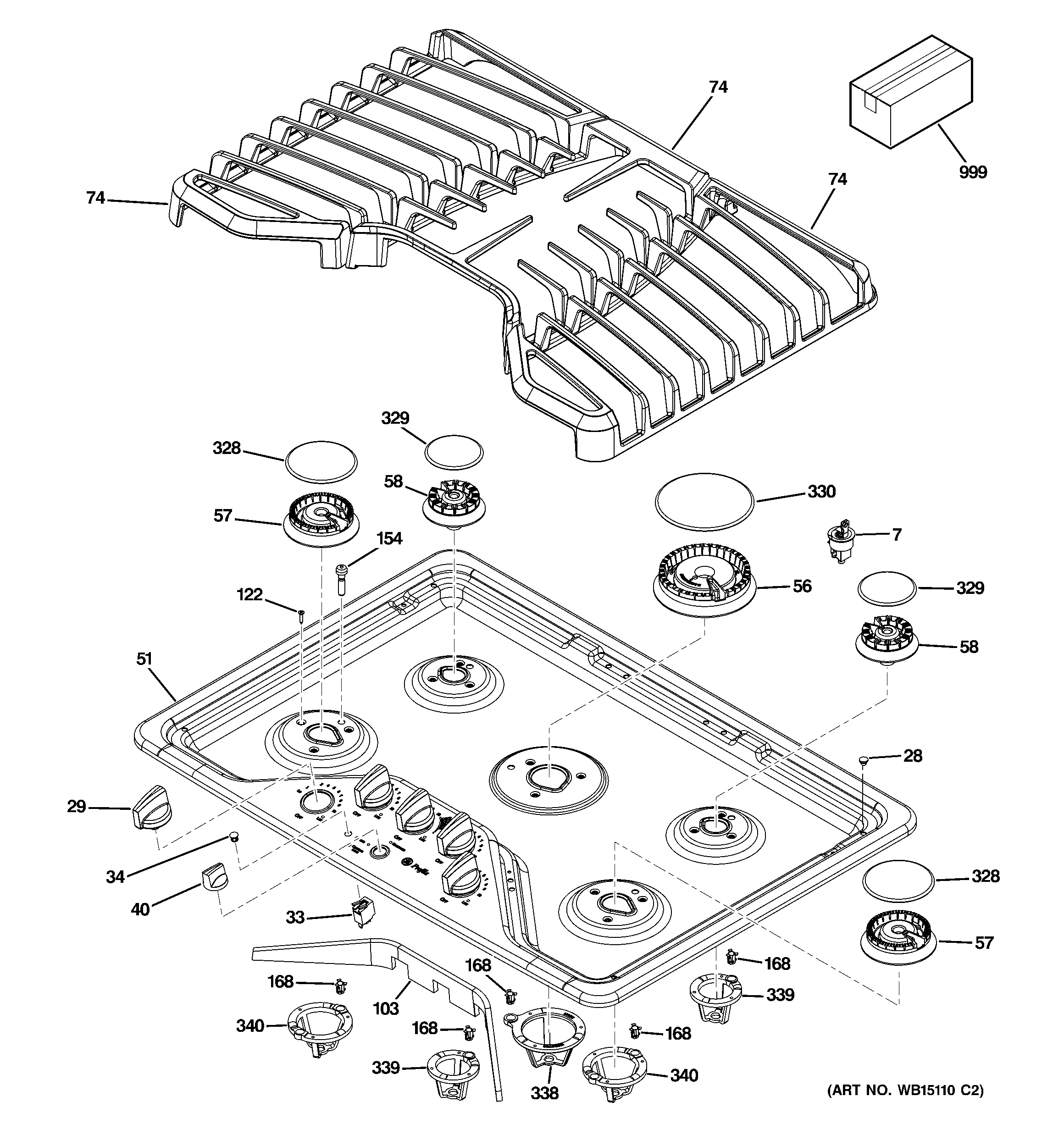 GE PGP953SET1SS control panel & cooktop diagram