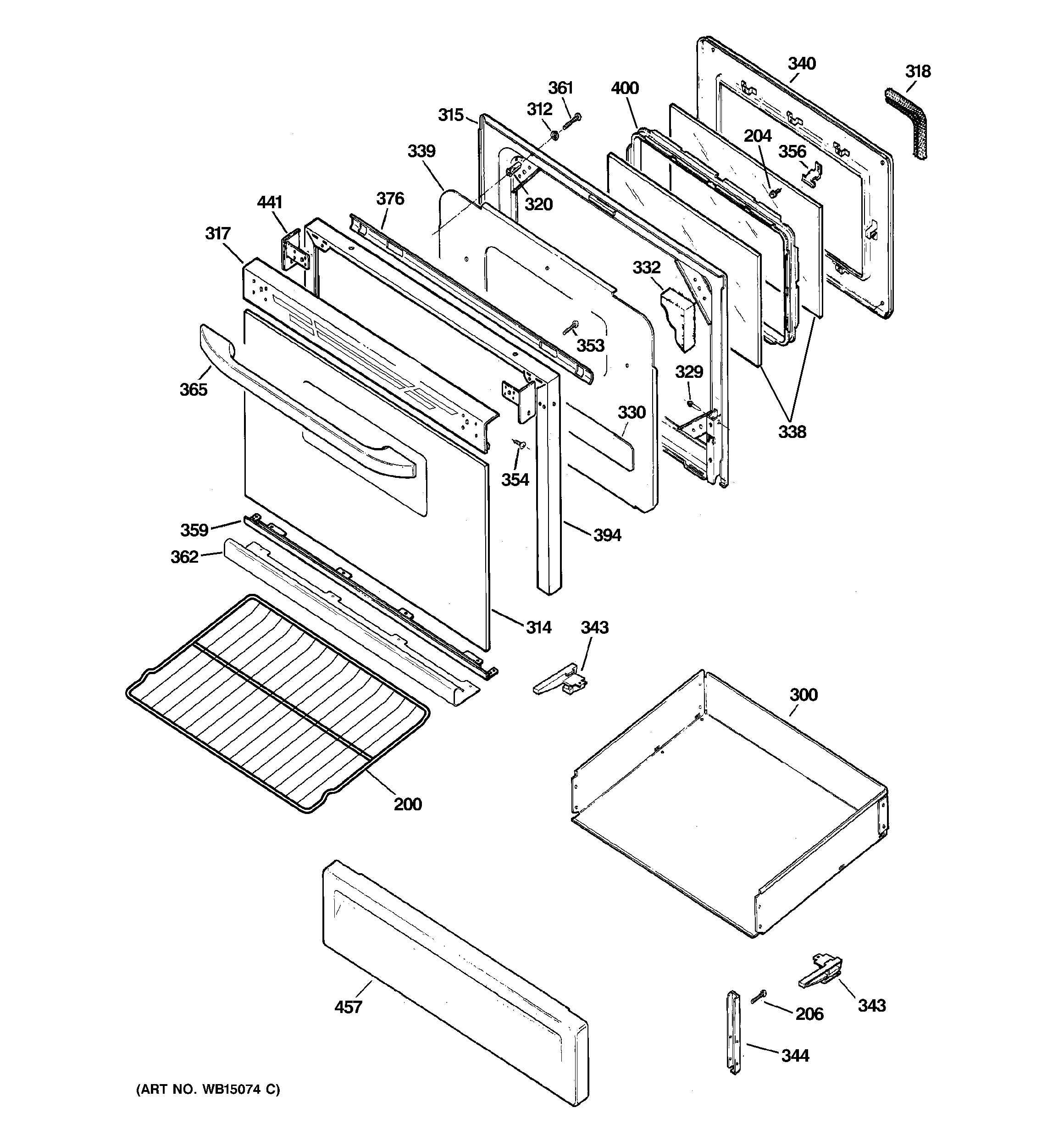 GE JGB250DET3BB door & drawer parts diagram