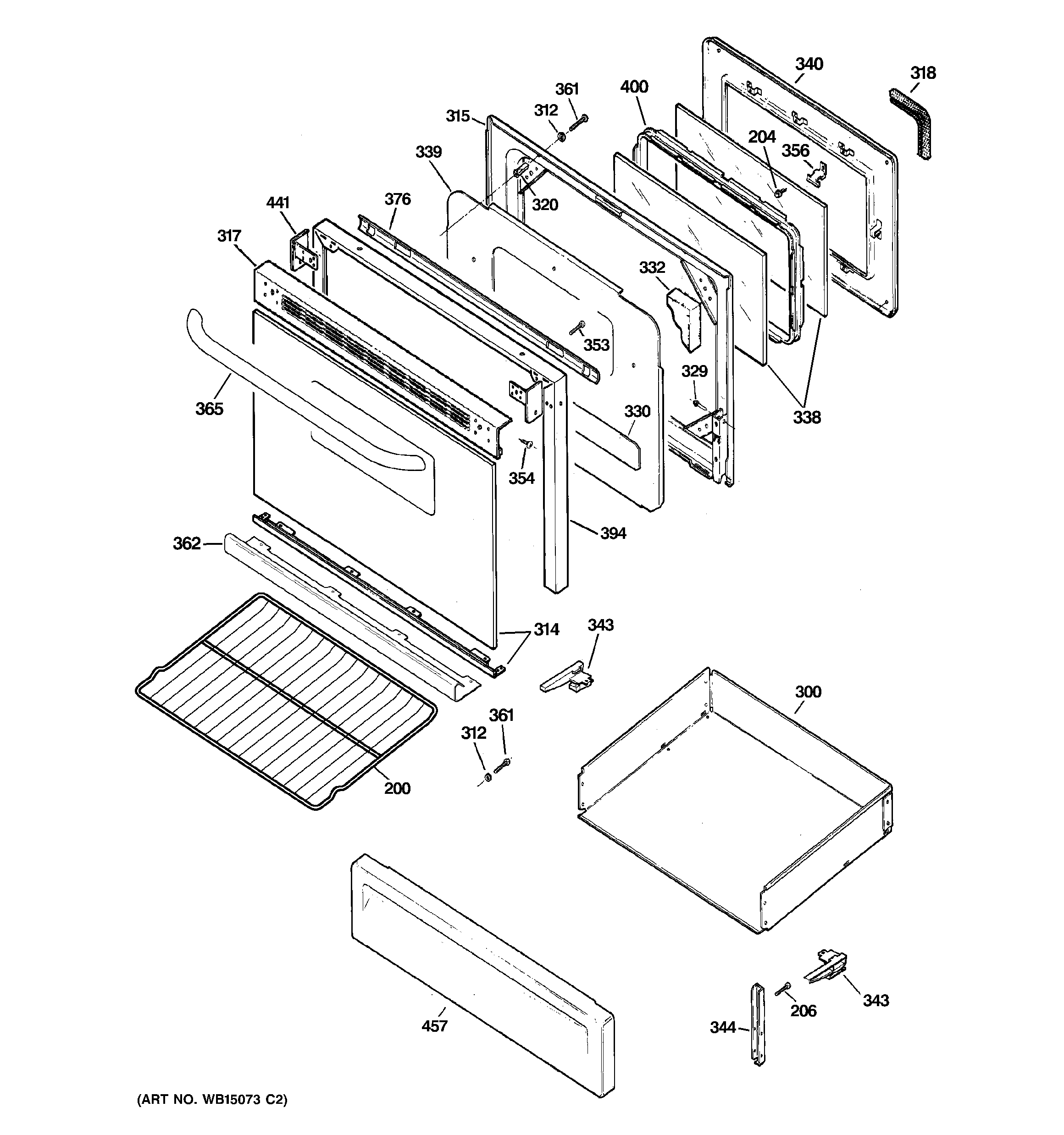 GE JGB250GET3SA door & drawer parts diagram