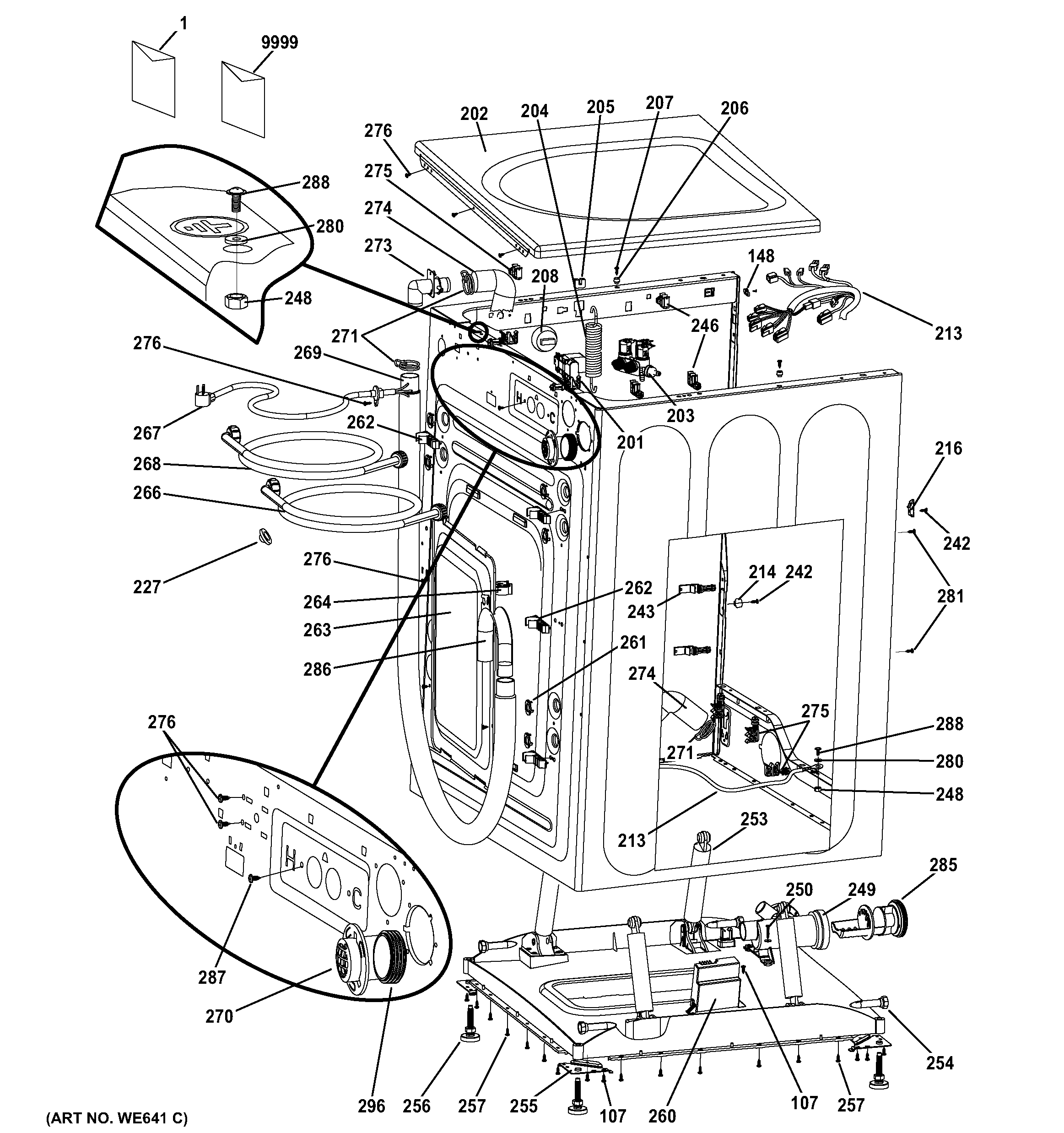 GE GFWN1300D0WW cabinet & top panel diagram