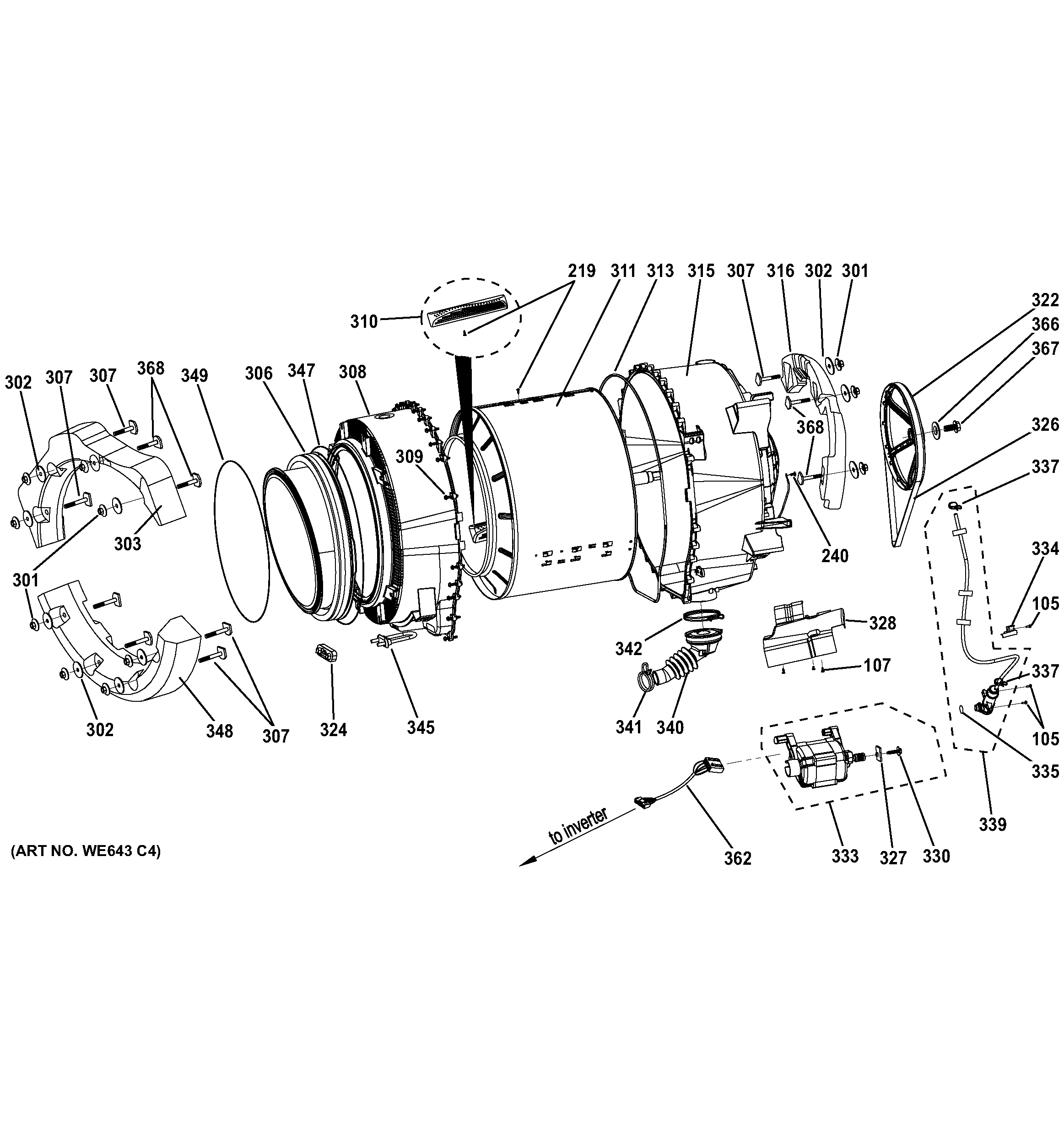 GE GFWN1300D0WW tub & motor diagram