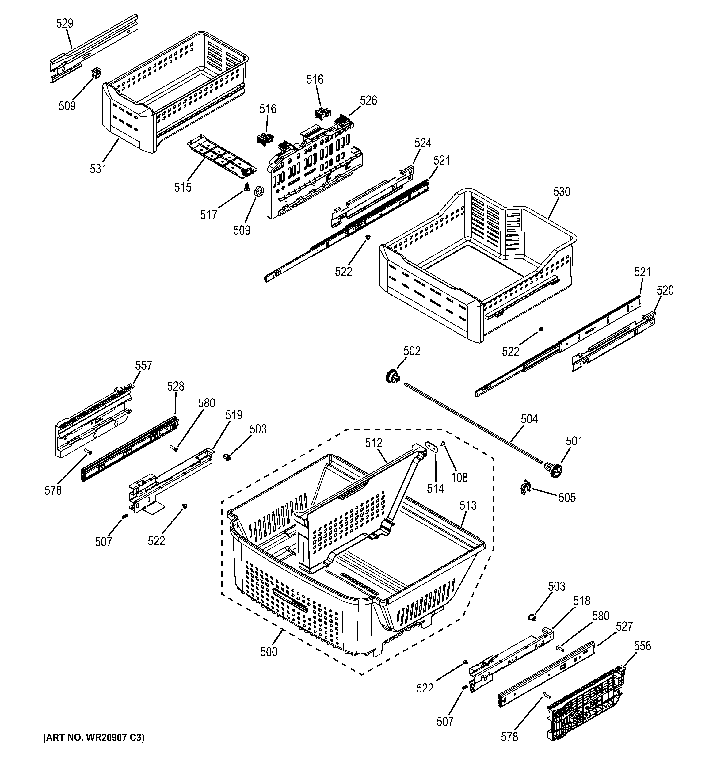 GE CYE23TSDASS freezer shelves diagram