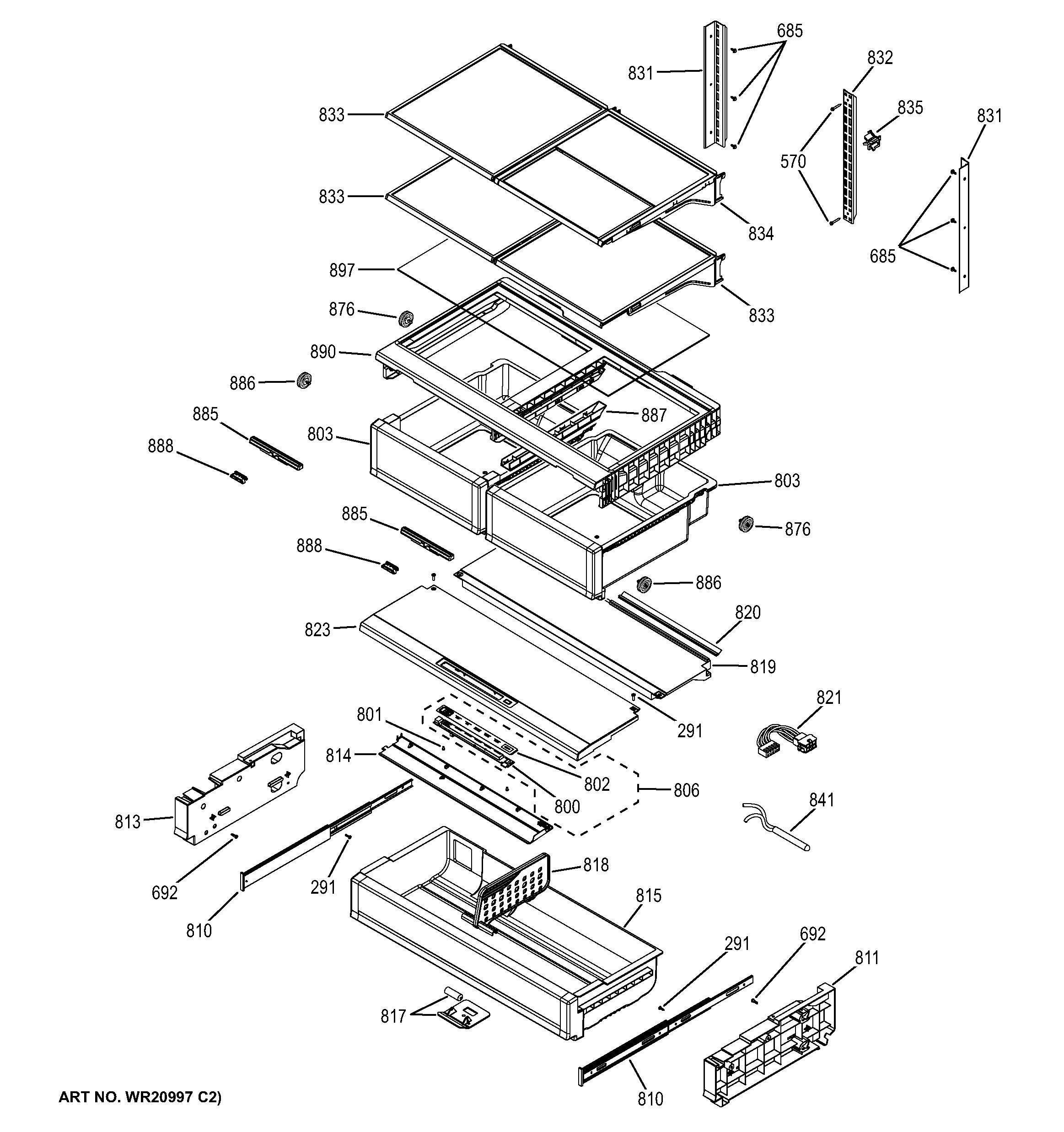 GE CYE23TSDASS fresh food shelves diagram