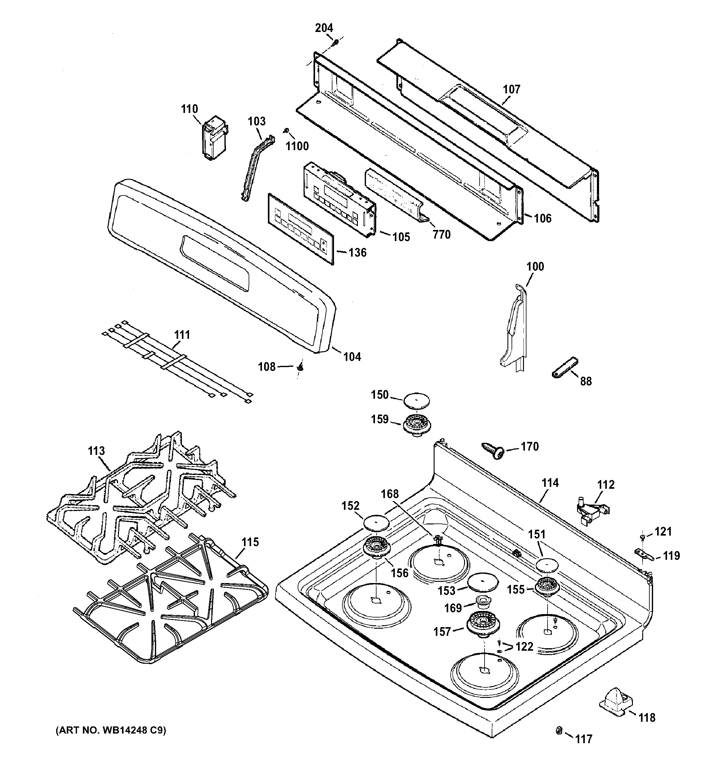 GE JGB281SER6SS control panel & cooktop diagram