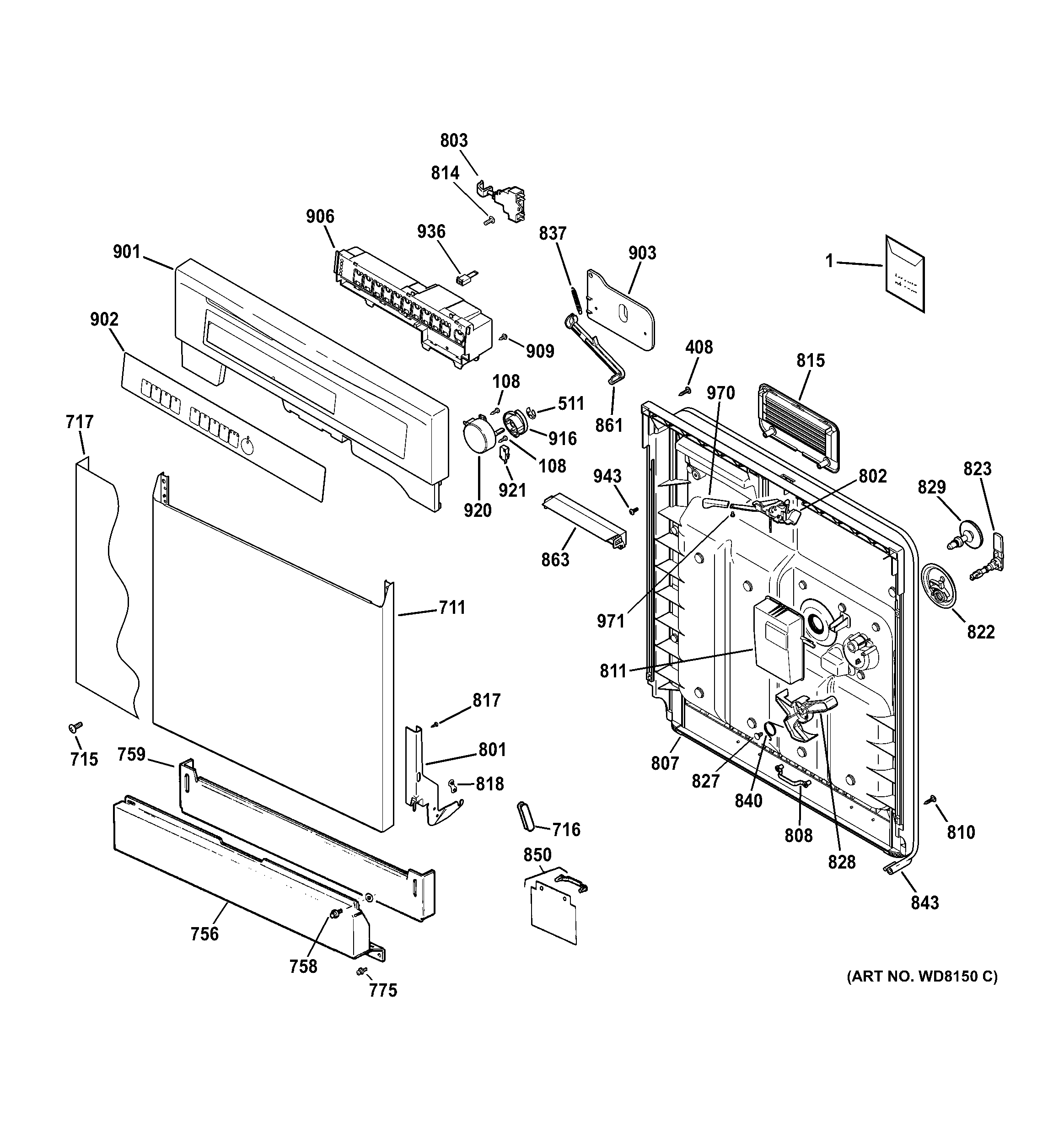 GE GSD3900L00BB escutcheon & door assembly diagram