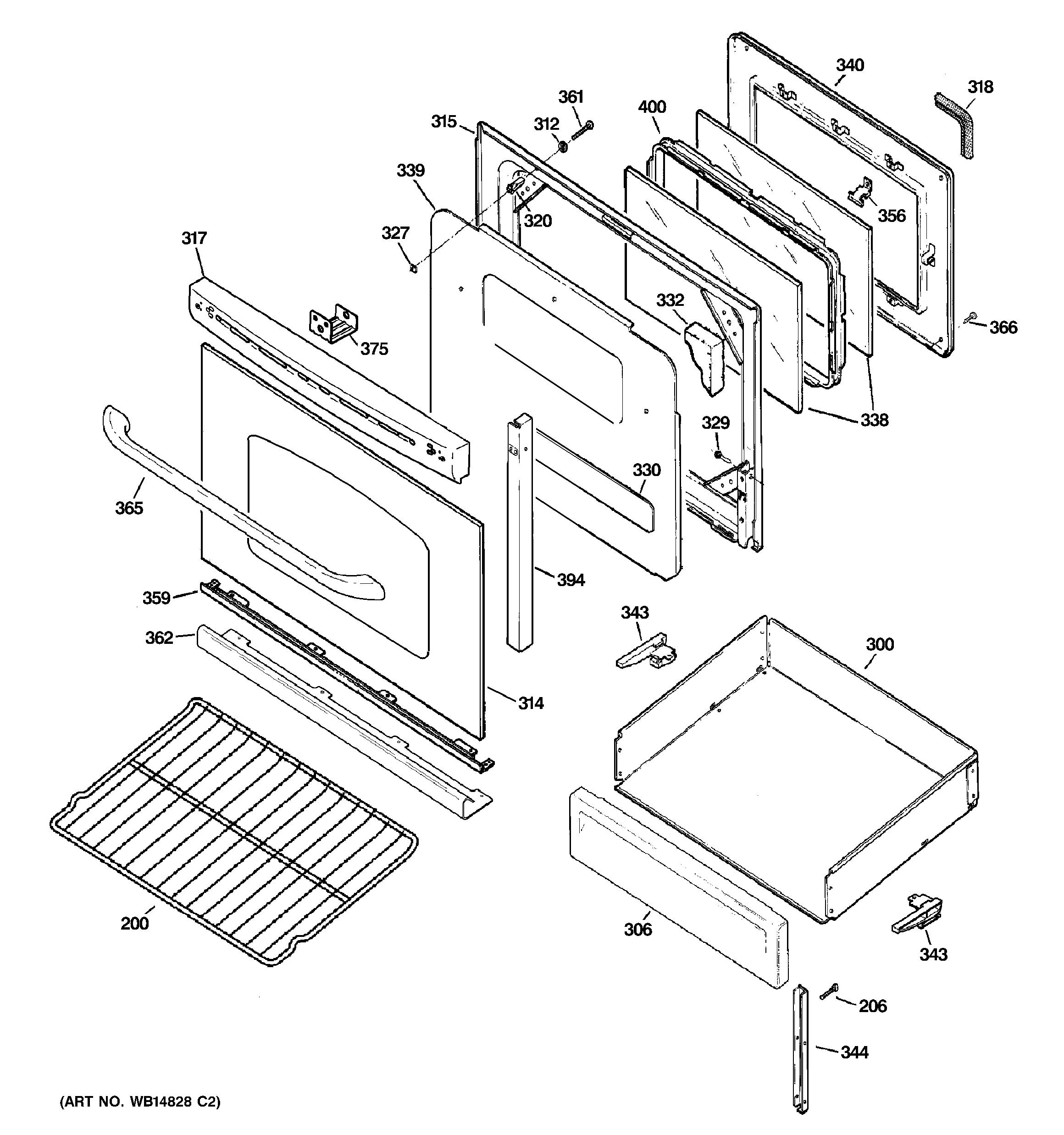 GE JGB600DET3BB door & drawer parts diagram