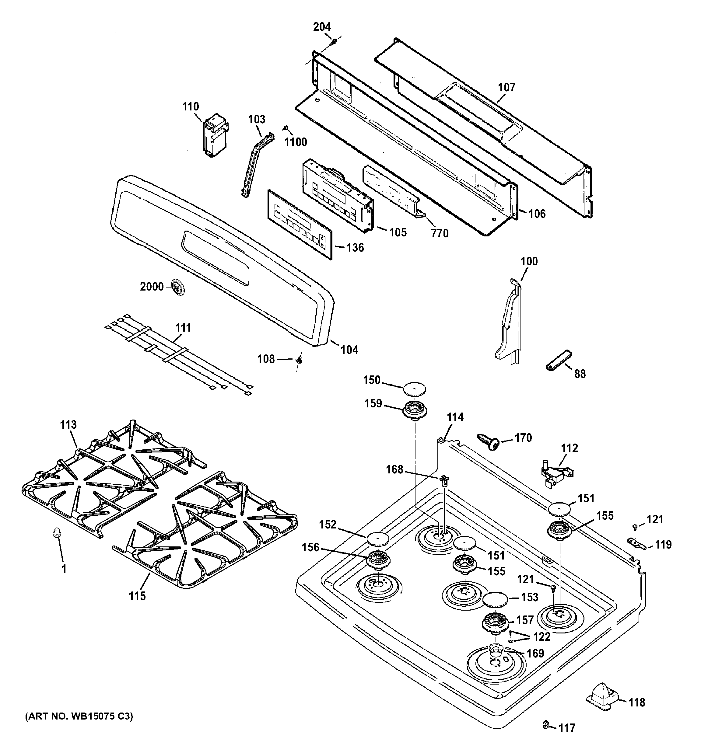 GE JGB296DET3BB control panel & cooktop diagram
