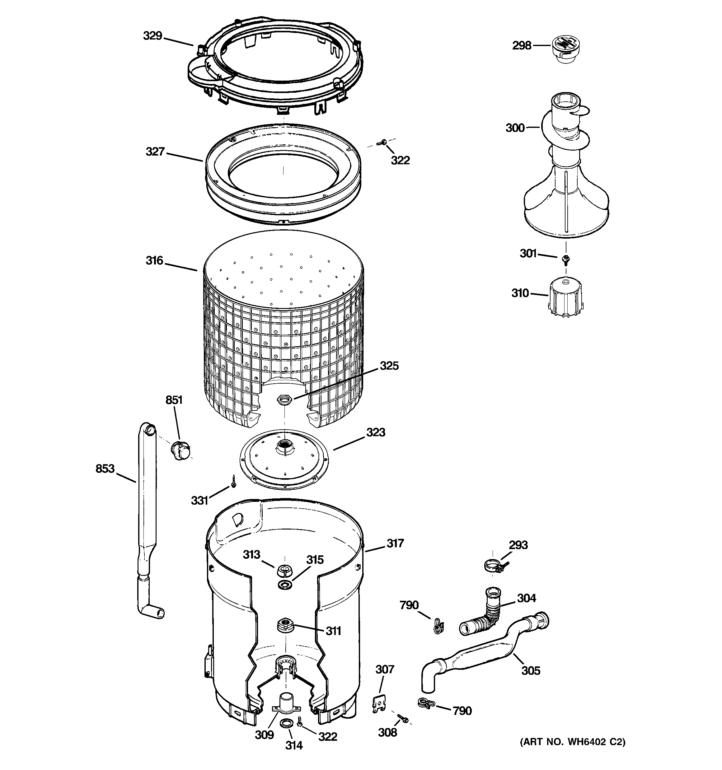 GE GLWP2000M2WW tub, basket & agitator diagram