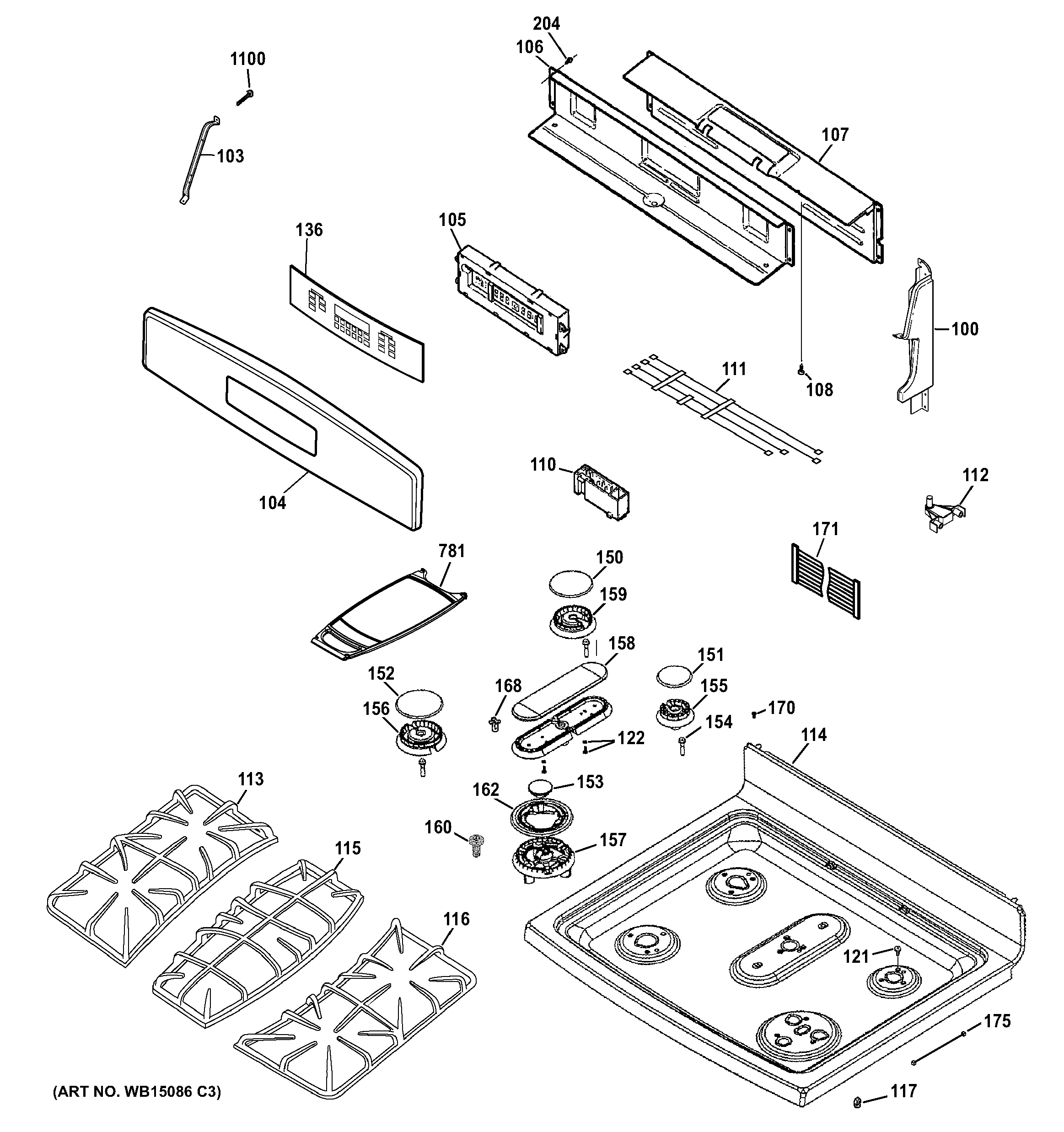 GE PGB935SET2SS control panel & cooktop diagram