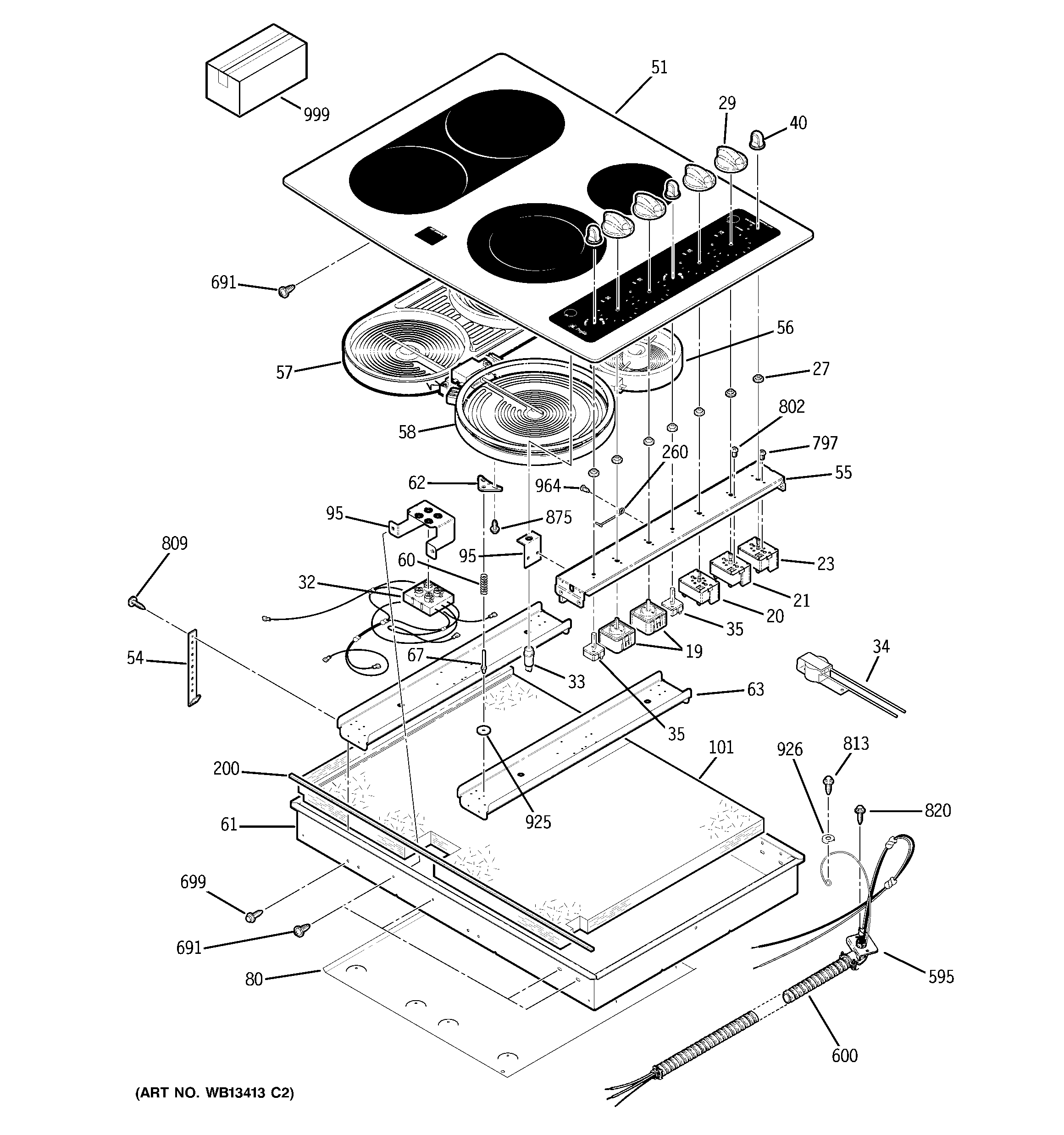 GE PP932BM3BB control panel & cooktop diagram