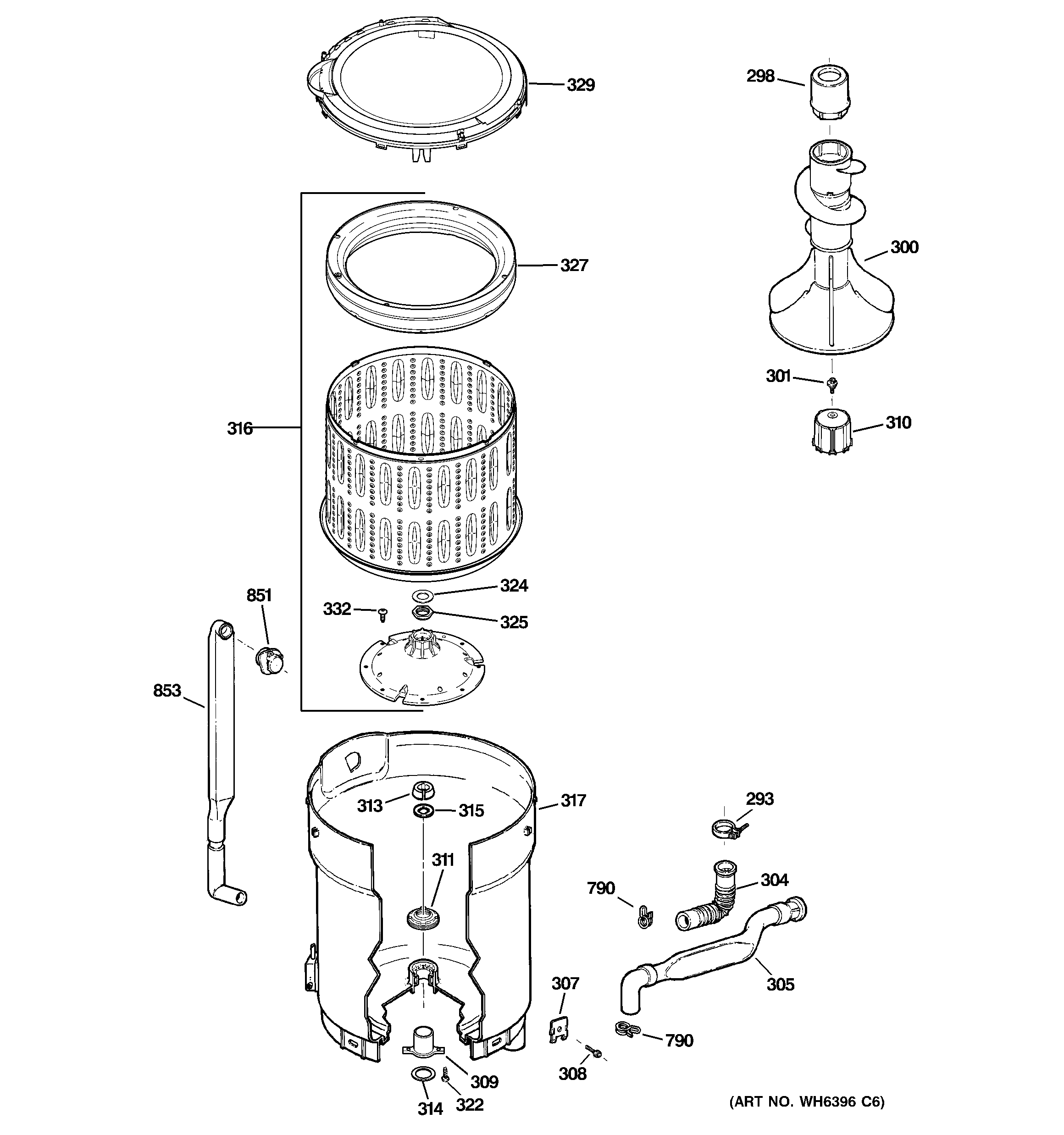 GE GTWN4250M0WS tub, basket & agitator diagram