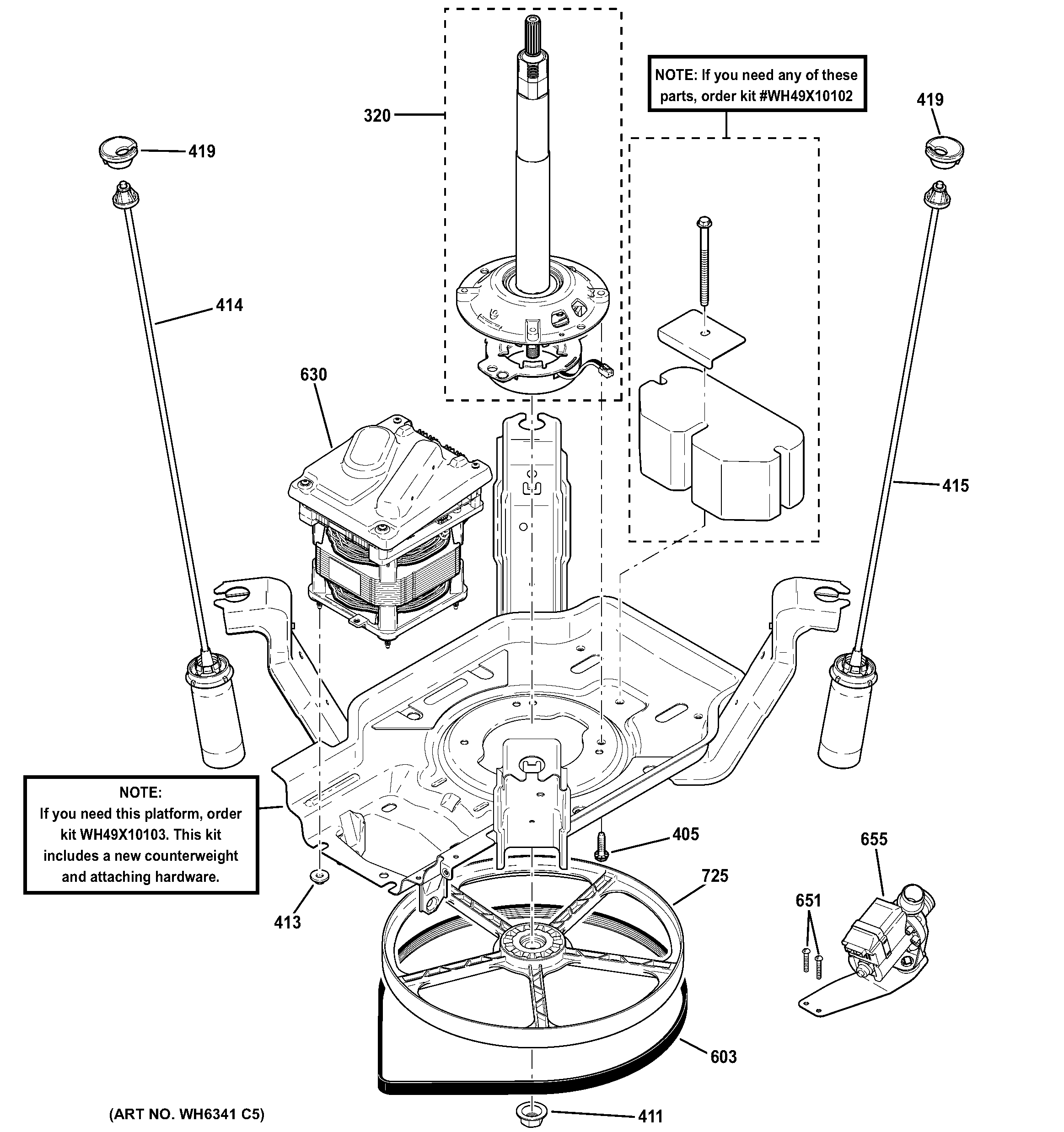 GE GTWN4250M0WS suspension, pump & drive components diagram