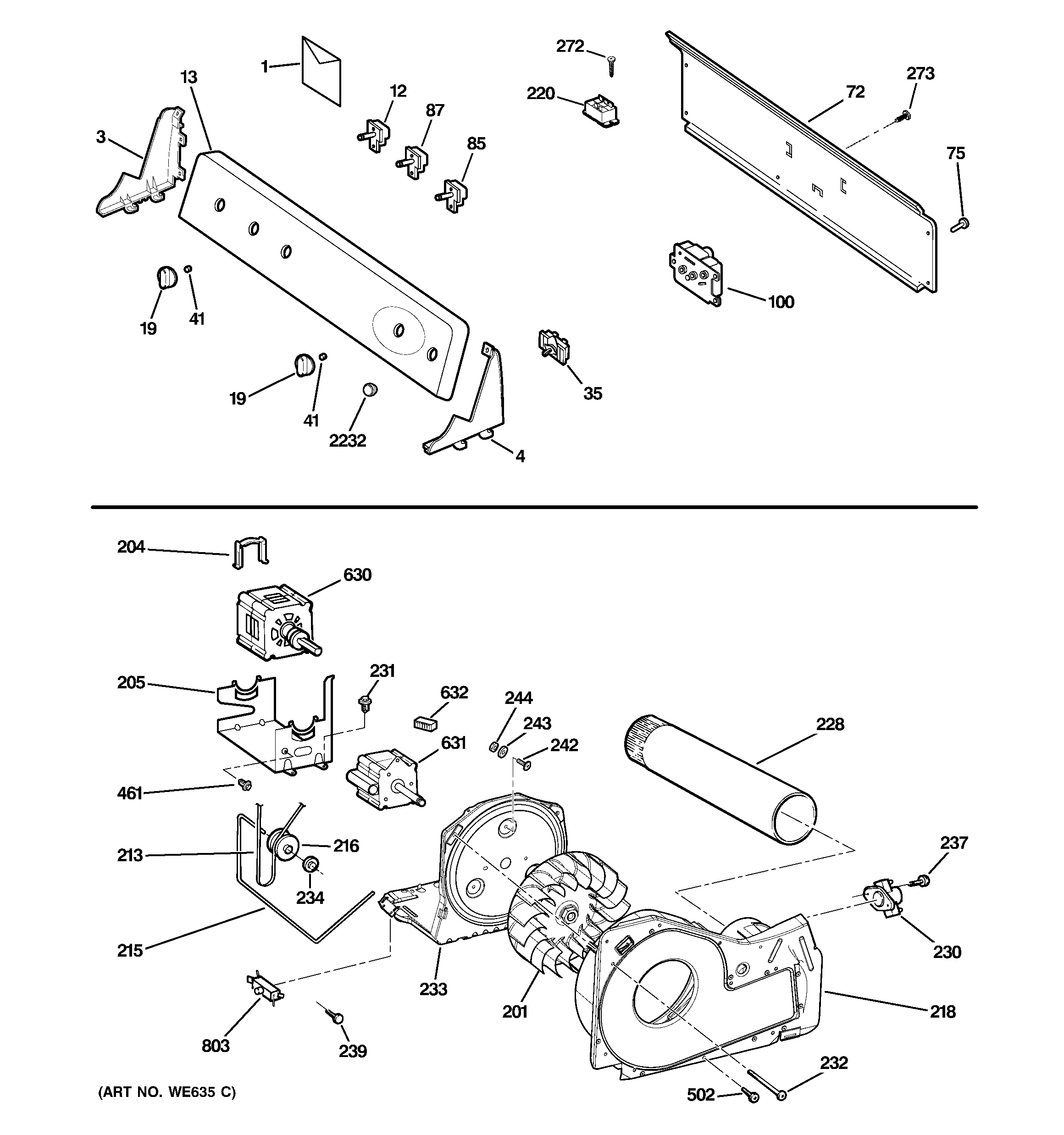 GE GTDL210ED2WW backsplash, blower & drive assembly diagram