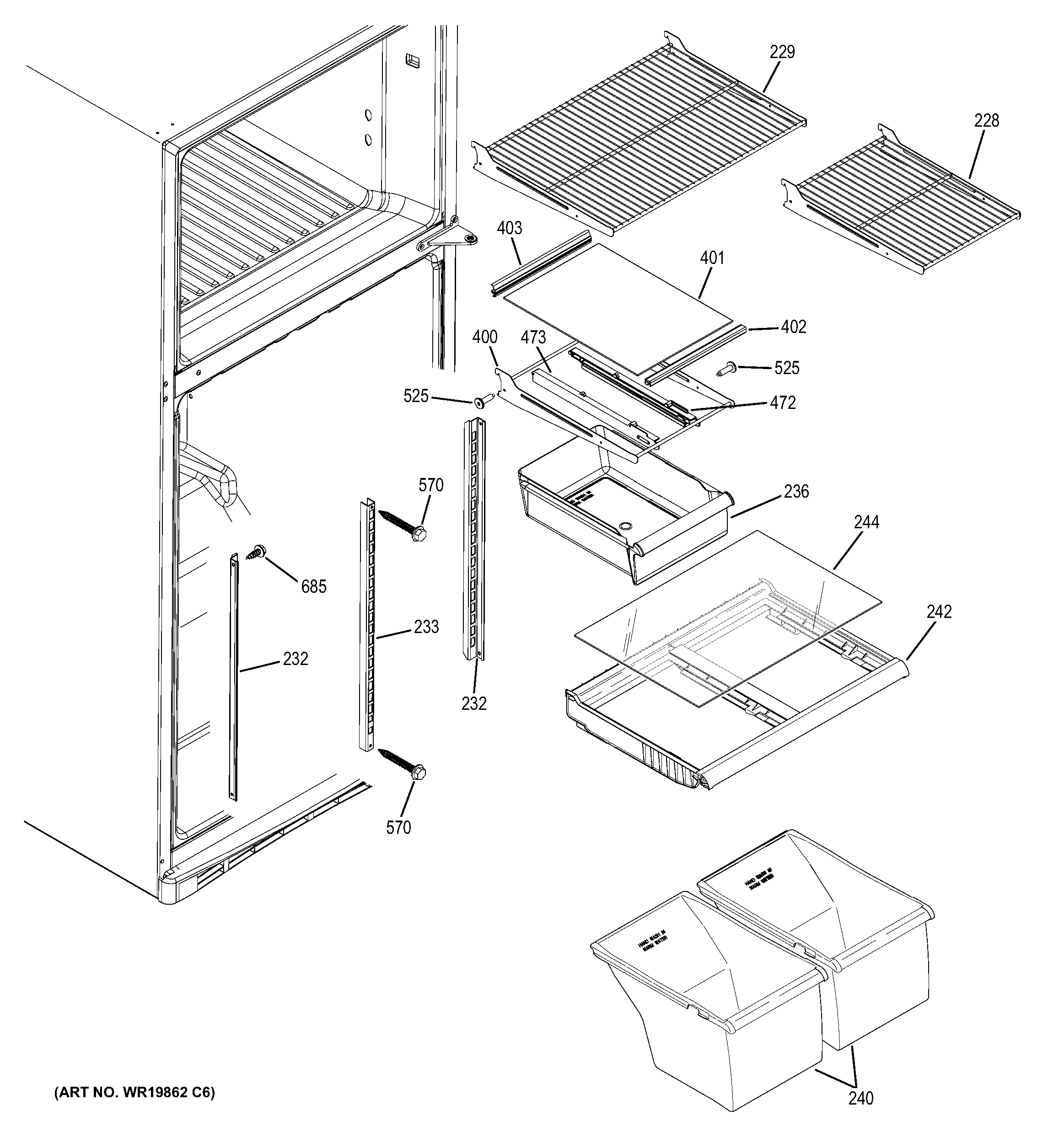 GE GTH18DBDKRWW fresh food shelves diagram
