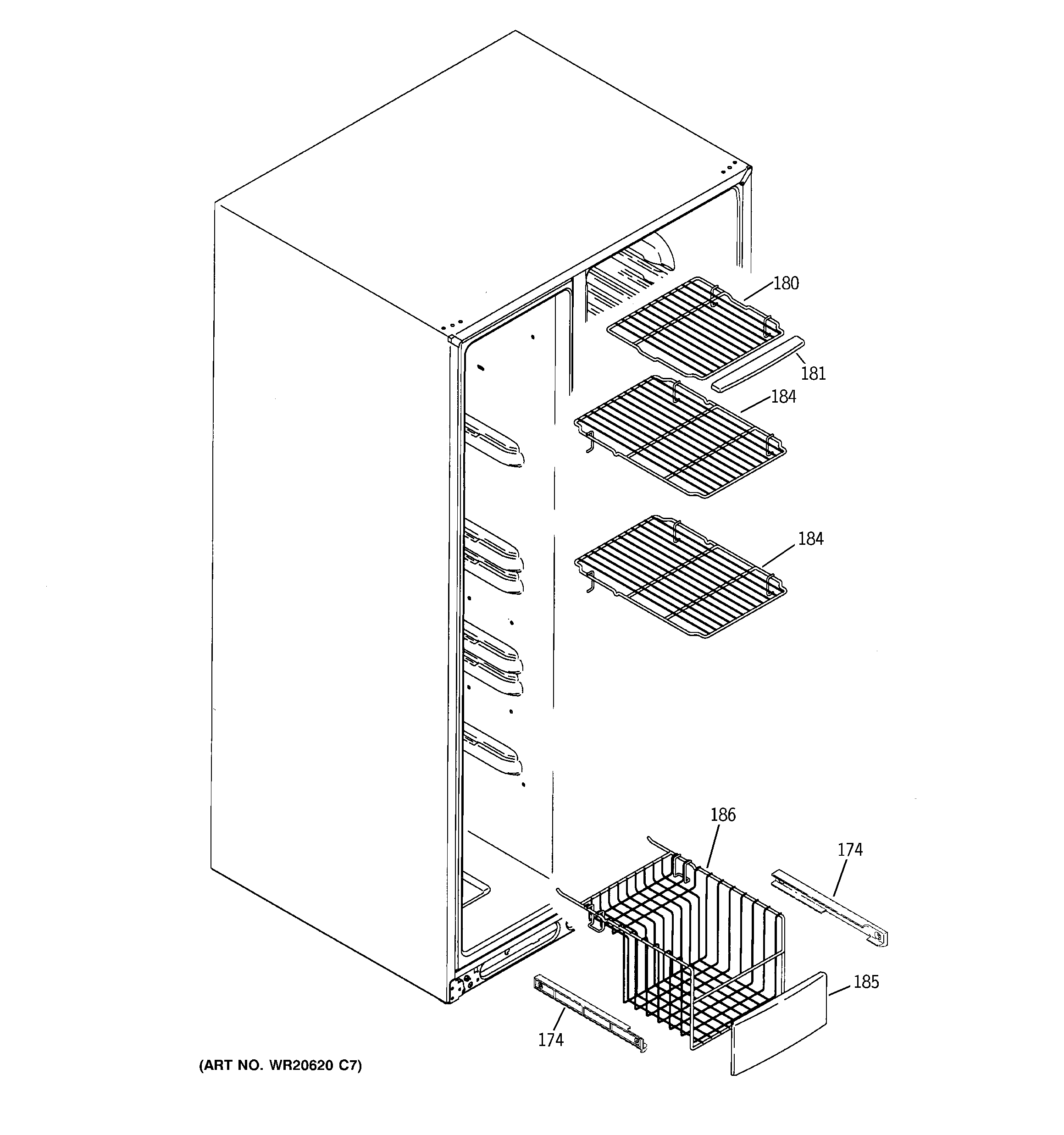 GE GSE23GGEBCBB freezer shelves diagram