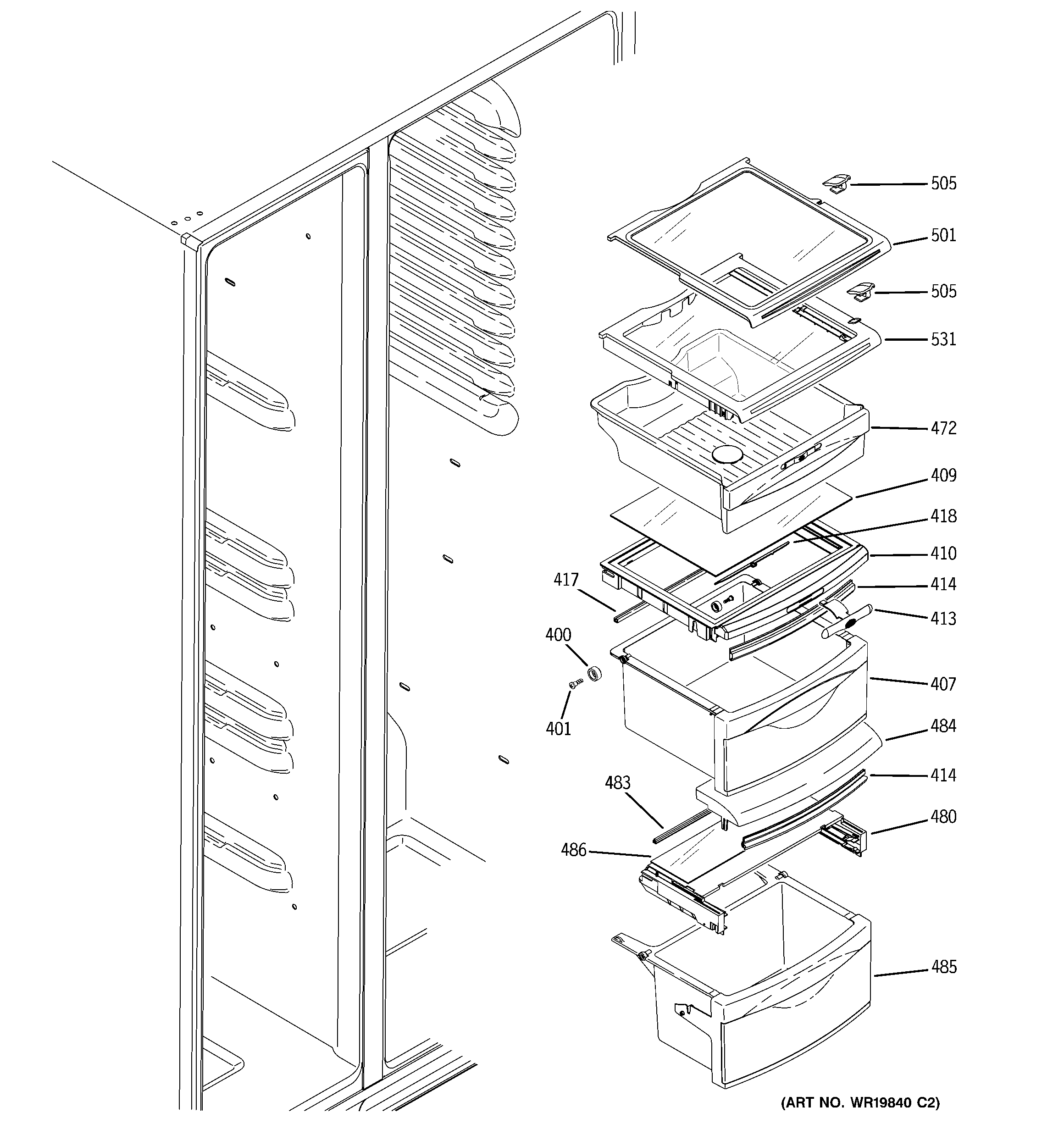 GE GSE26GGEBCCC fresh food shelves diagram