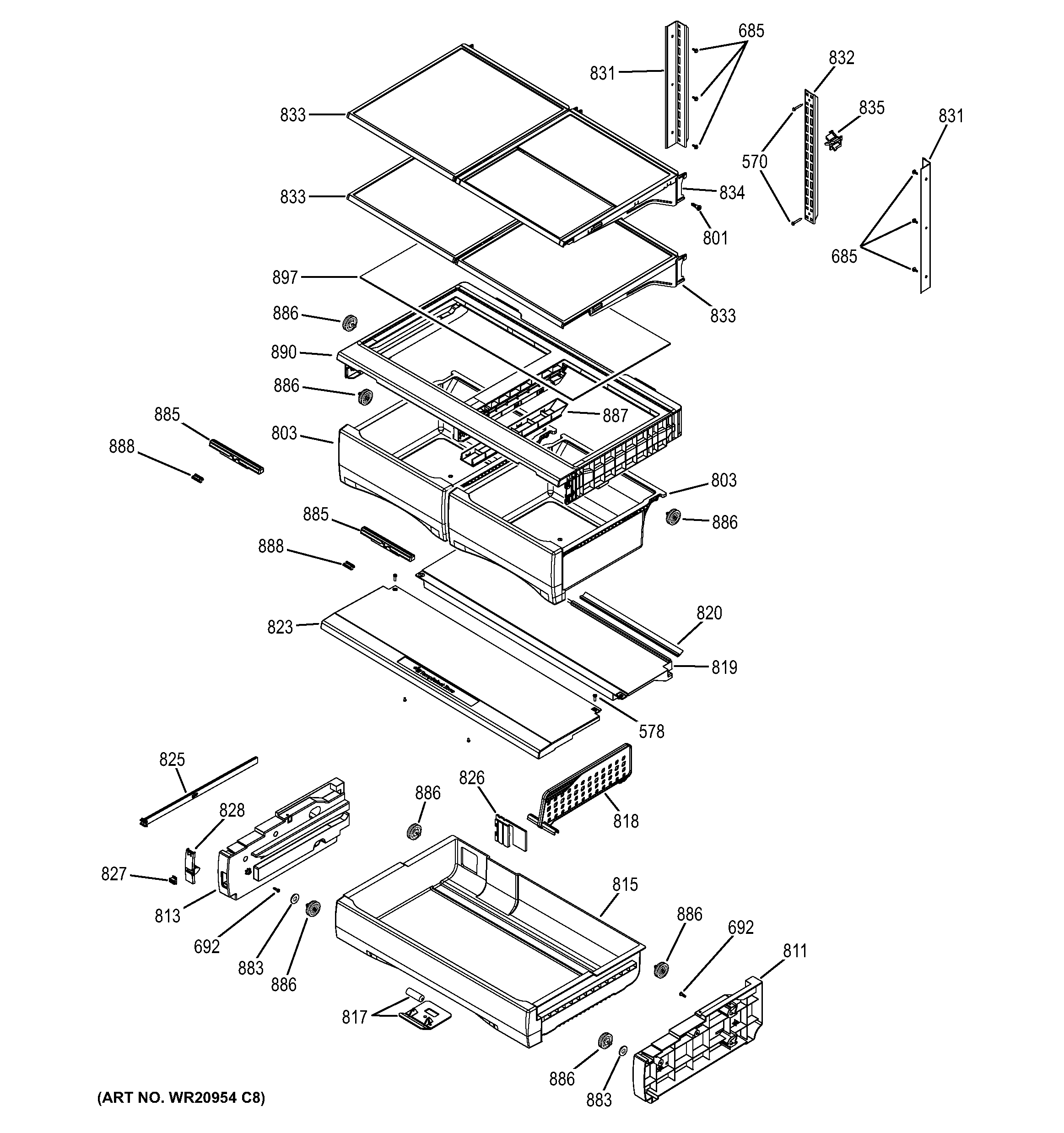 GE GNE26GSDBSS fresh food shelves diagram