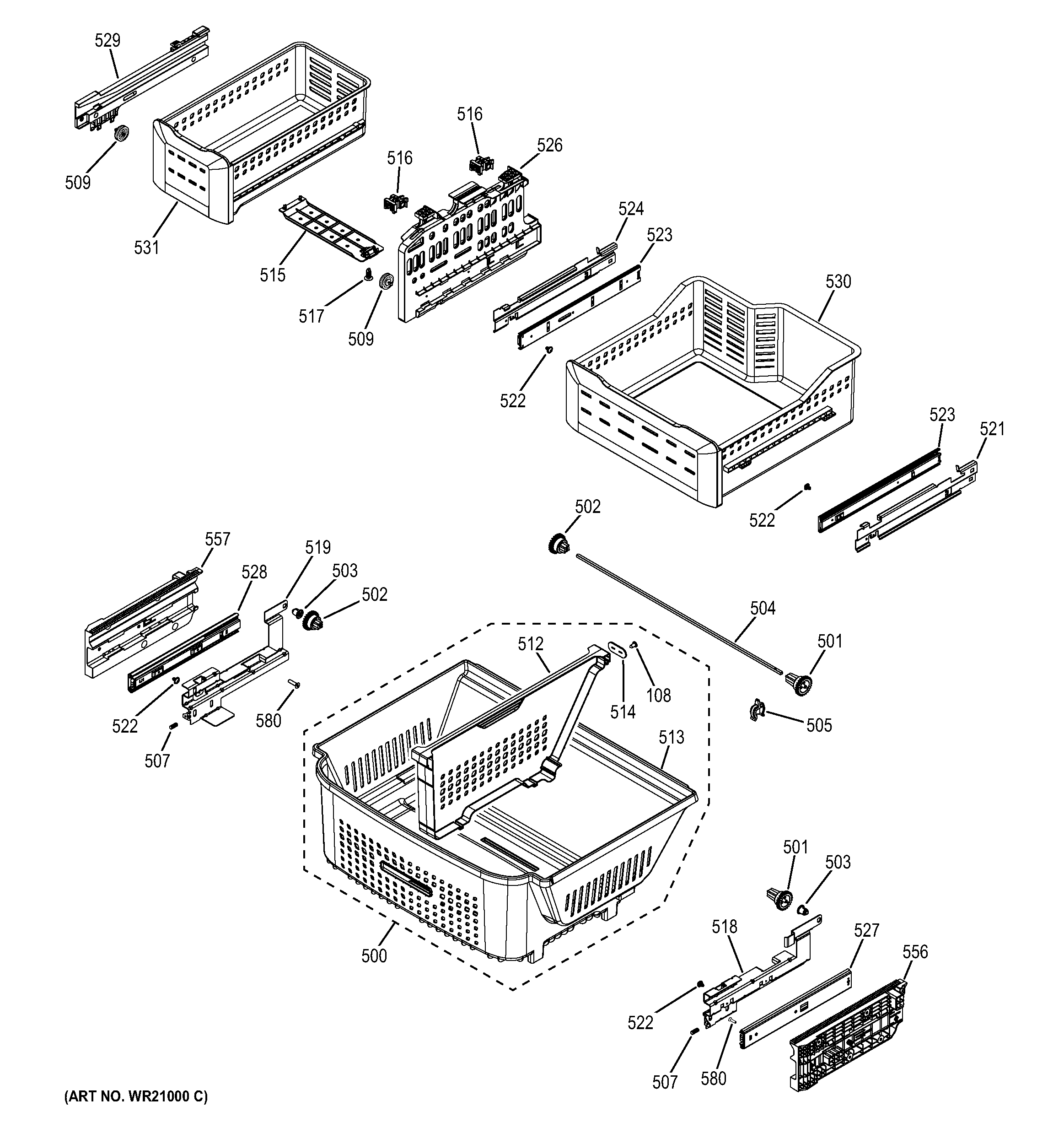 GE PYE23KSDASS freezer shelves diagram