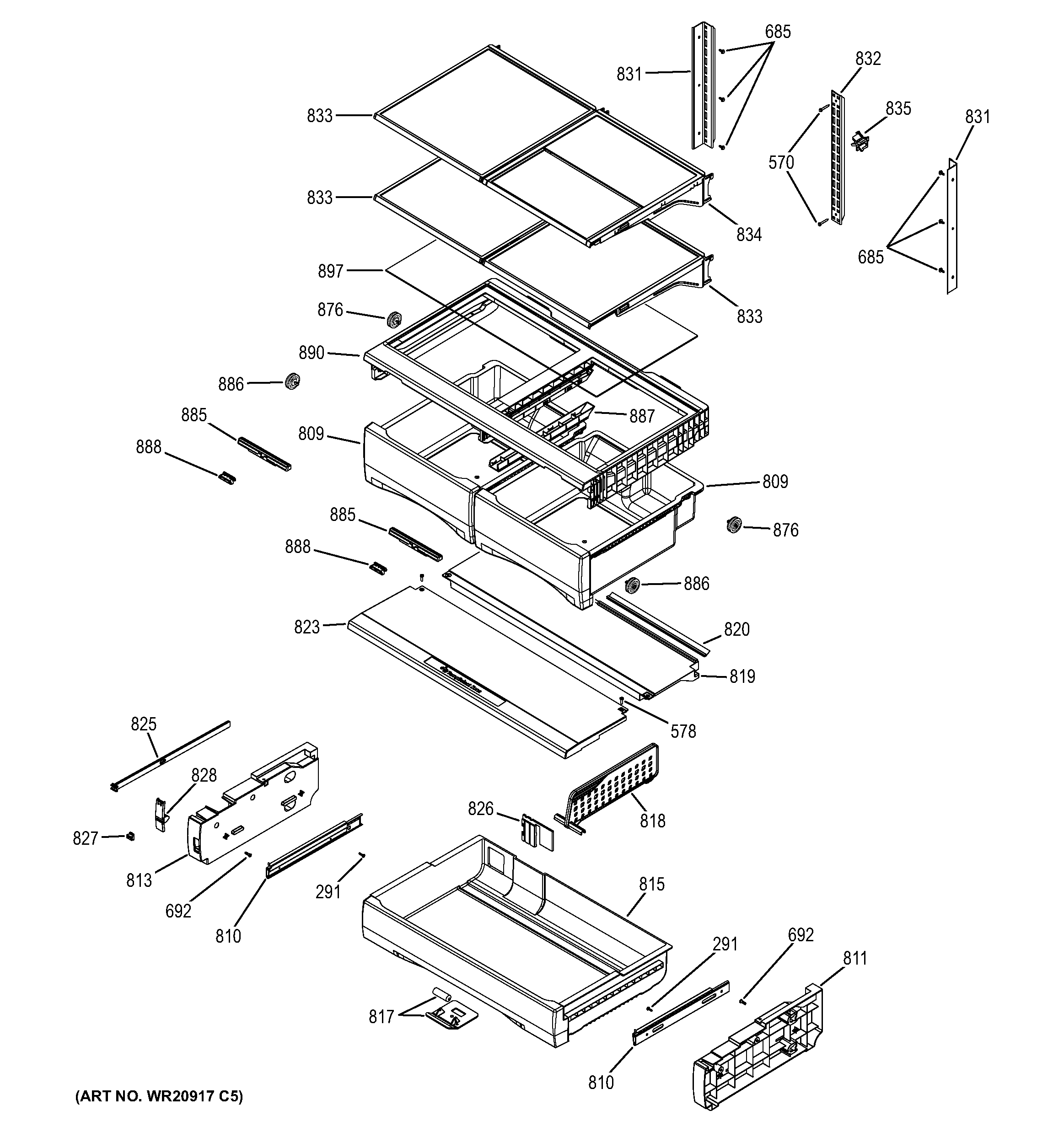GE PYE23KSDASS fresh food shelves diagram