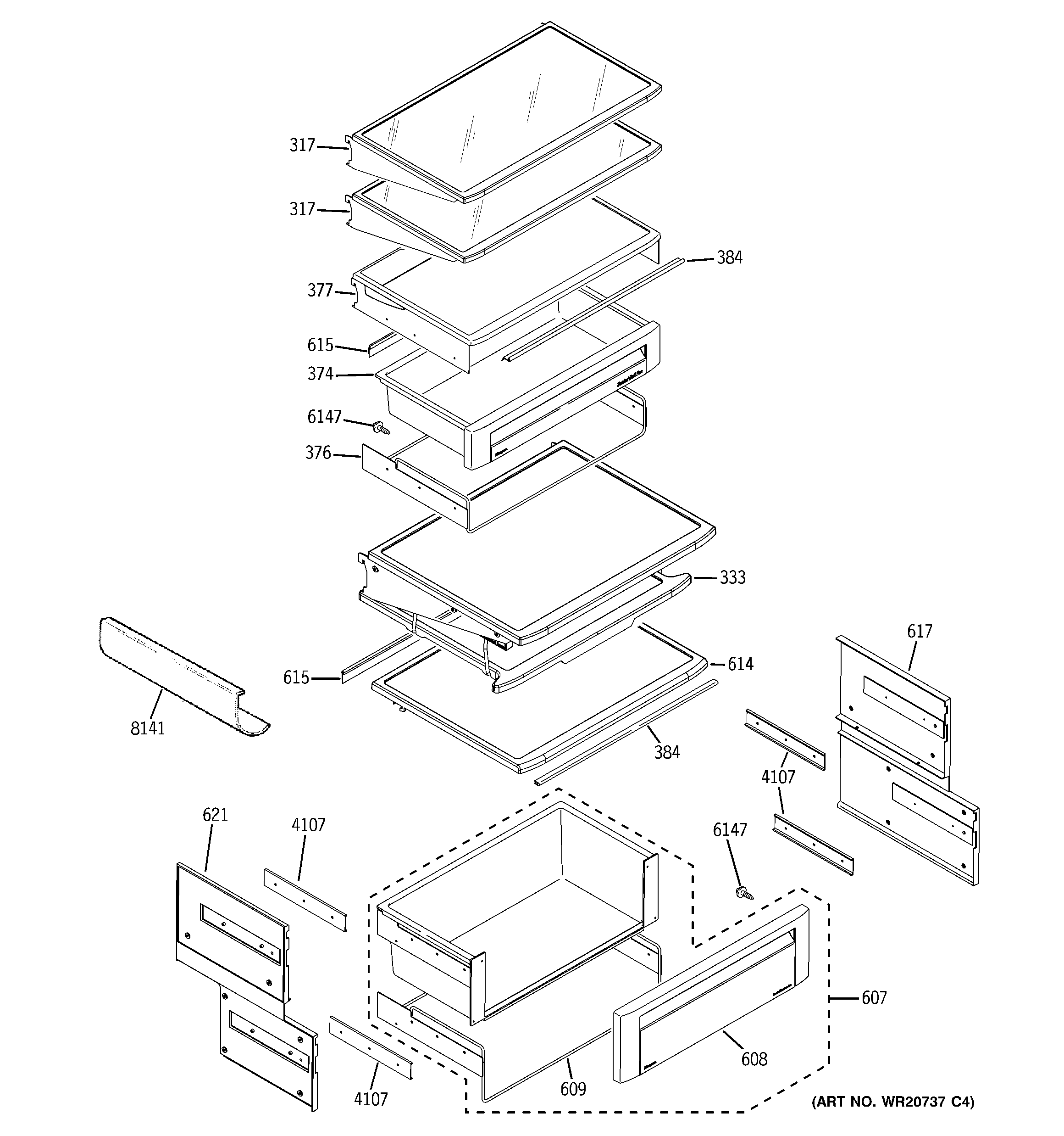 GE ZISB420DXA fresh food shelves diagram