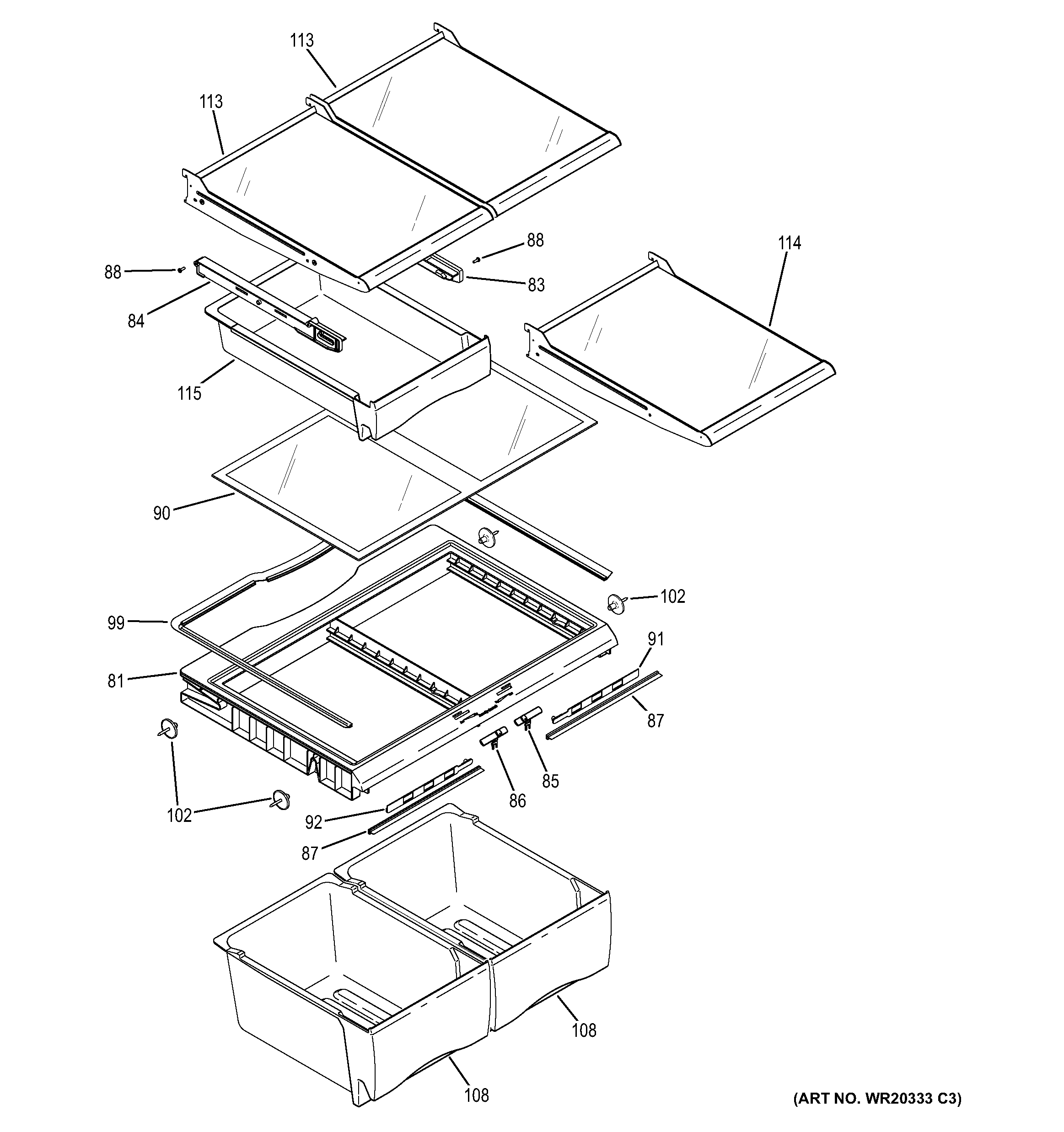 GE GDE20ETEBRWW fresh food shelves diagram
