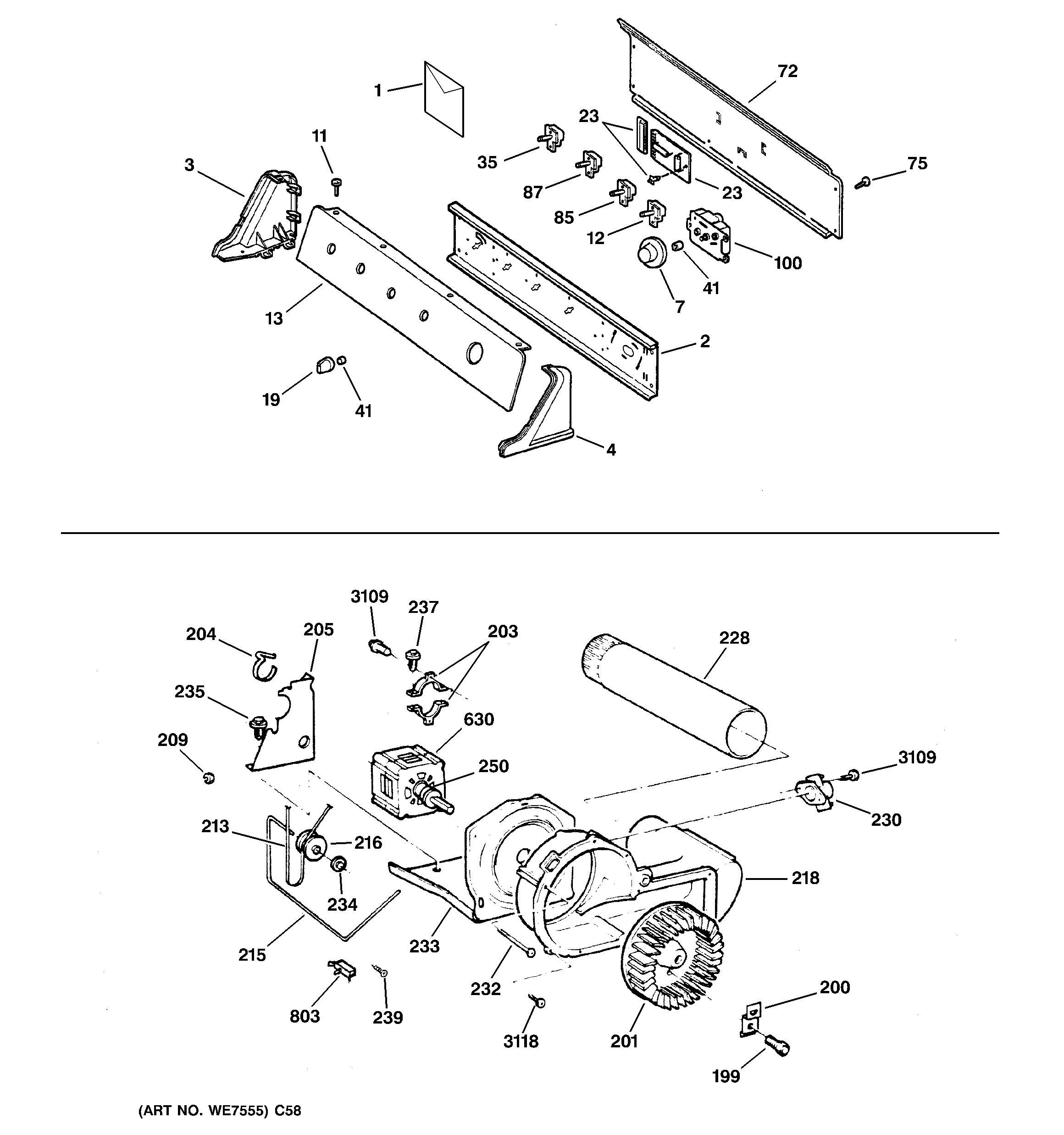 GE DPSR475GW0AA backsplash, blower & drive assembly diagram