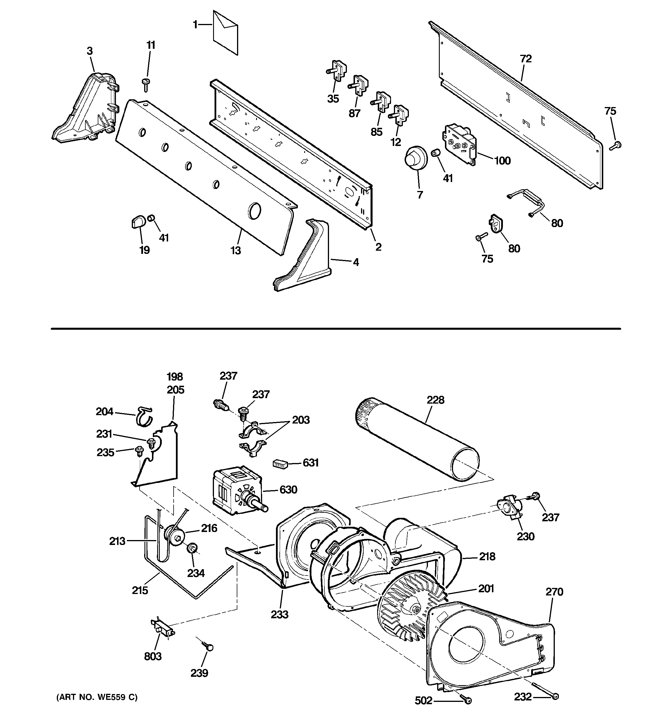 GE DISR473DG9WW backsplash, blower & drive assembly diagram
