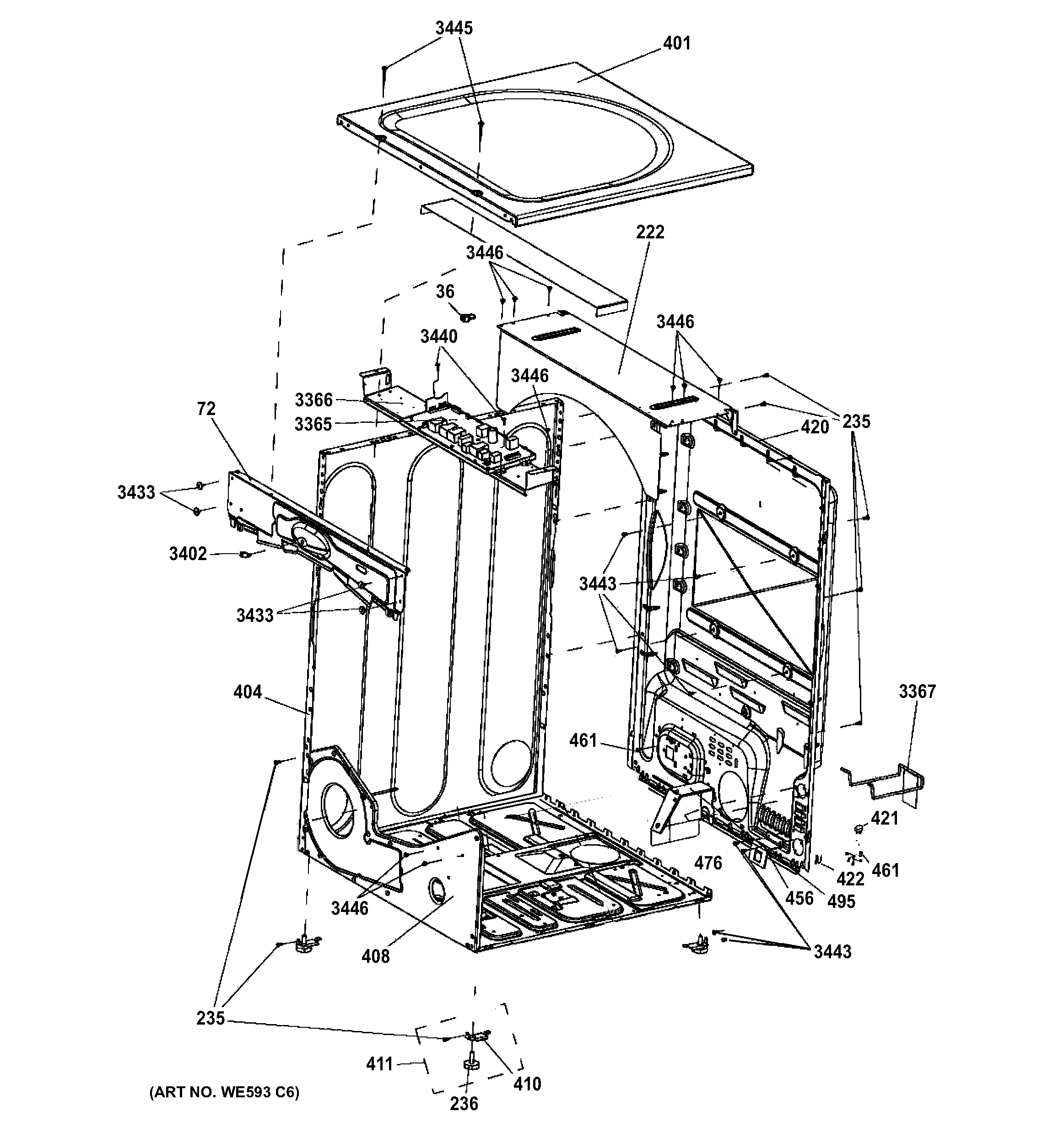GE GFDN240GL0WW cabinet & top panel diagram
