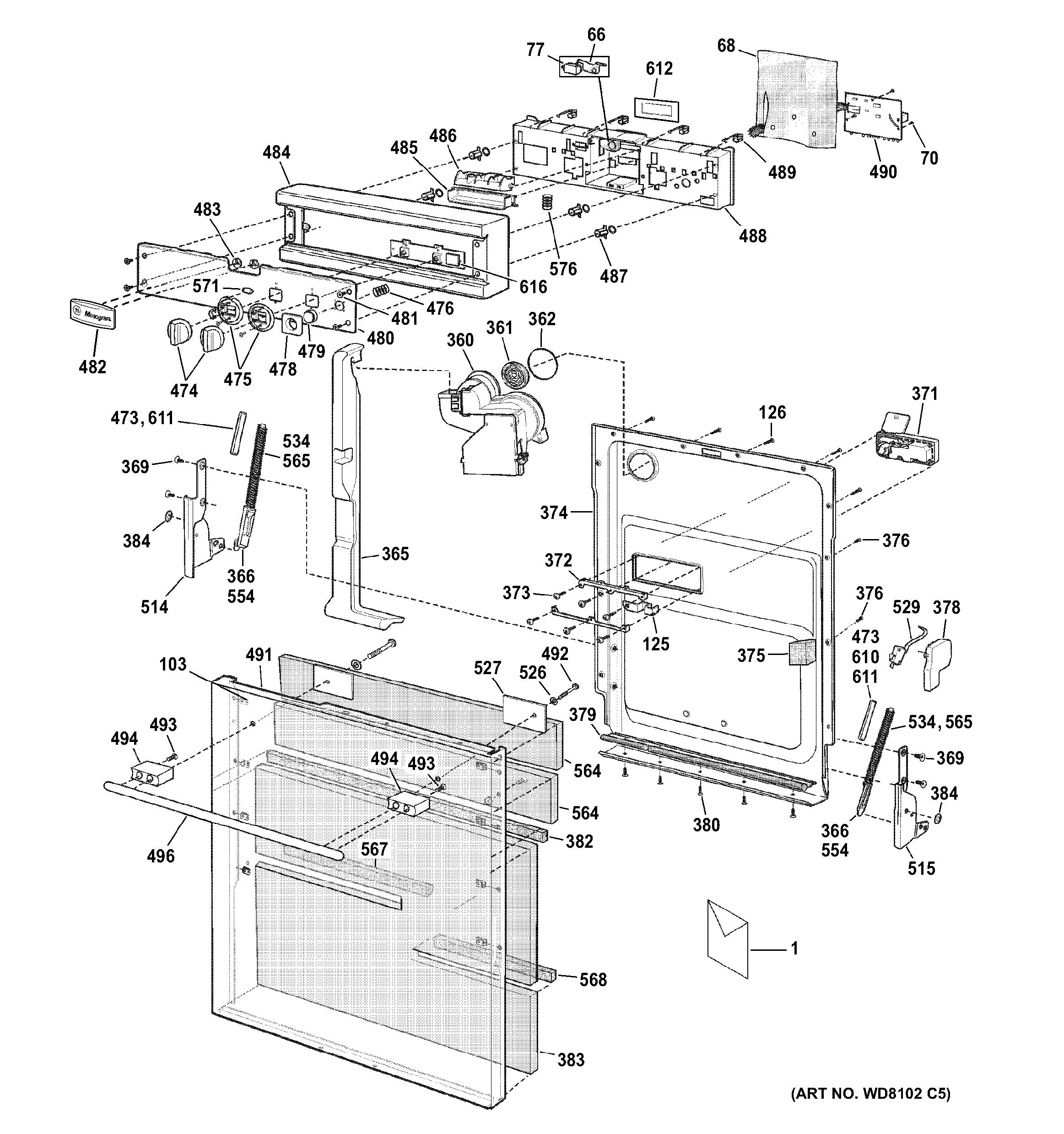 GE ZBD6600G02SS escutcheon & door assembly diagram