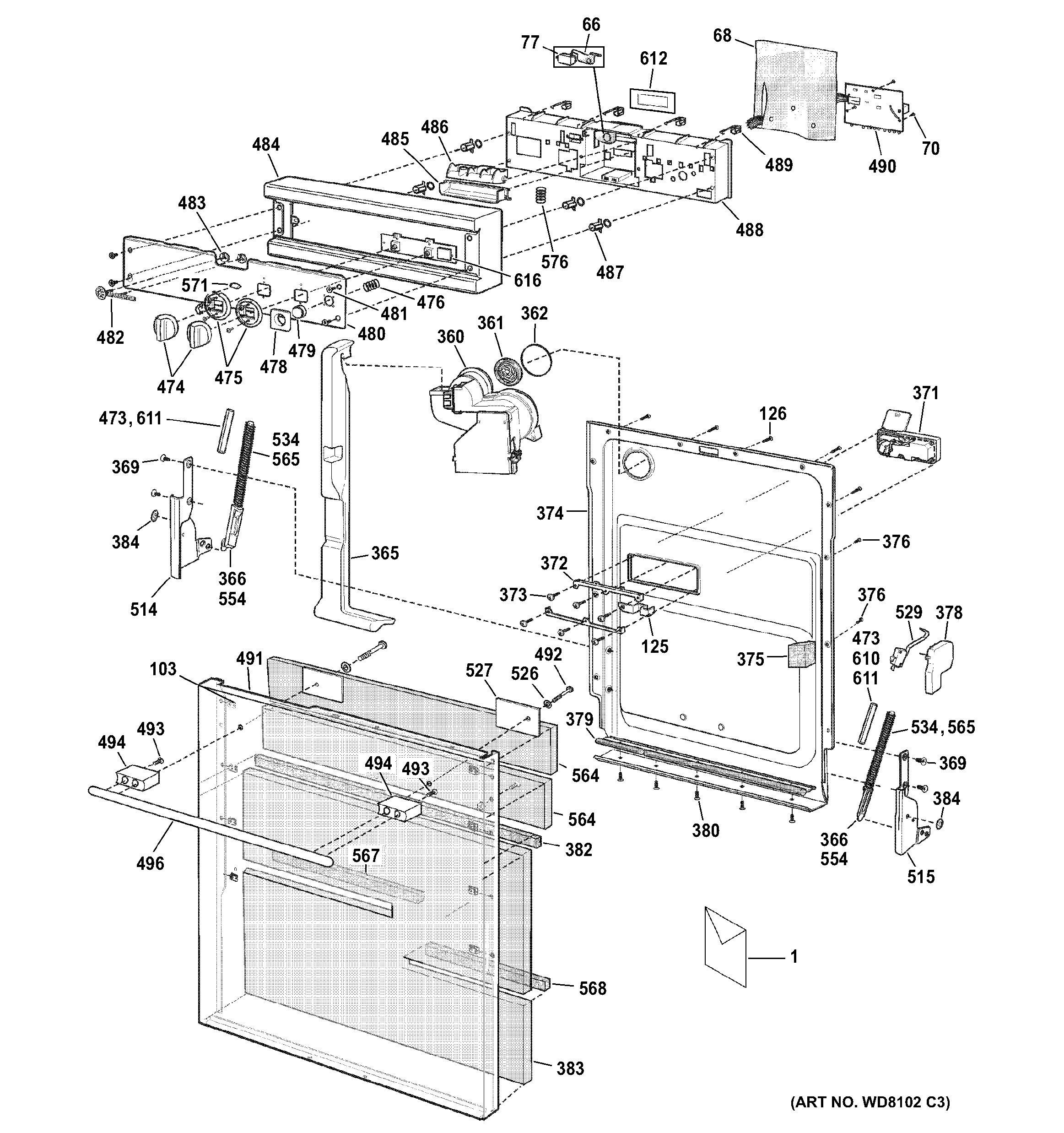 GE ZBD6600G04SS escutcheon & door assembly diagram