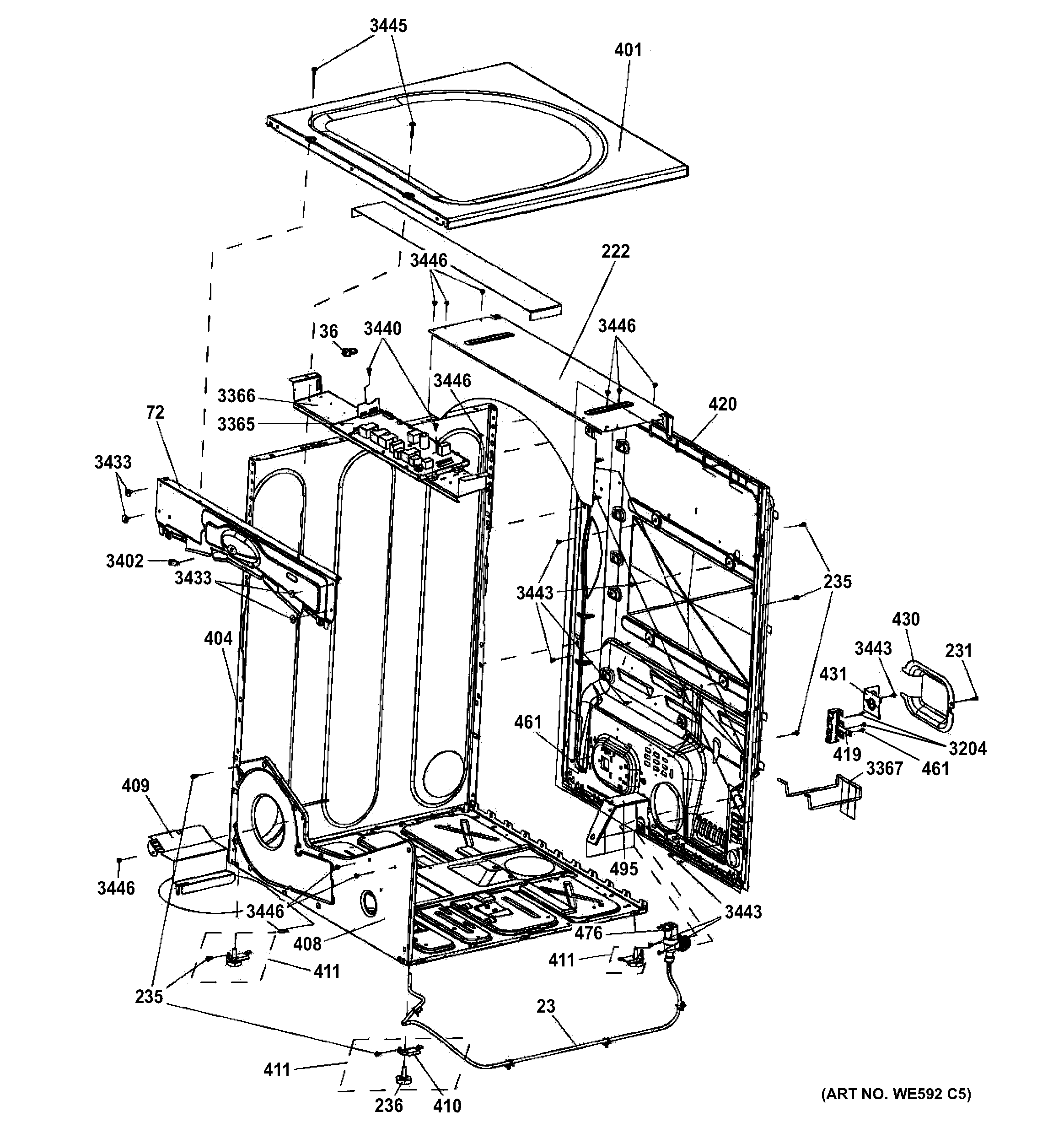 GE GFDS355EL0MS cabinet & top panel diagram