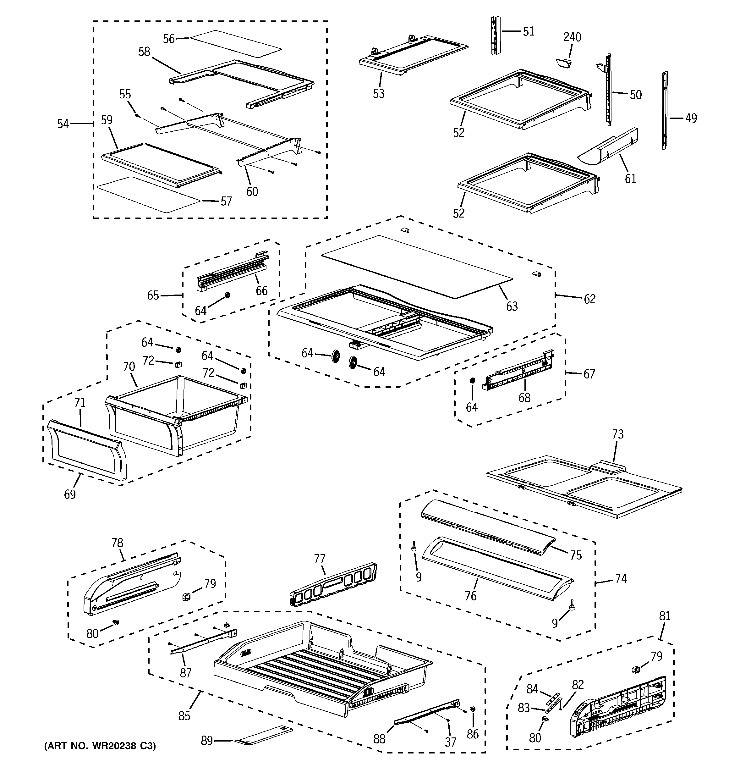 GE PFSF6PKWBWW fresh food shelves diagram