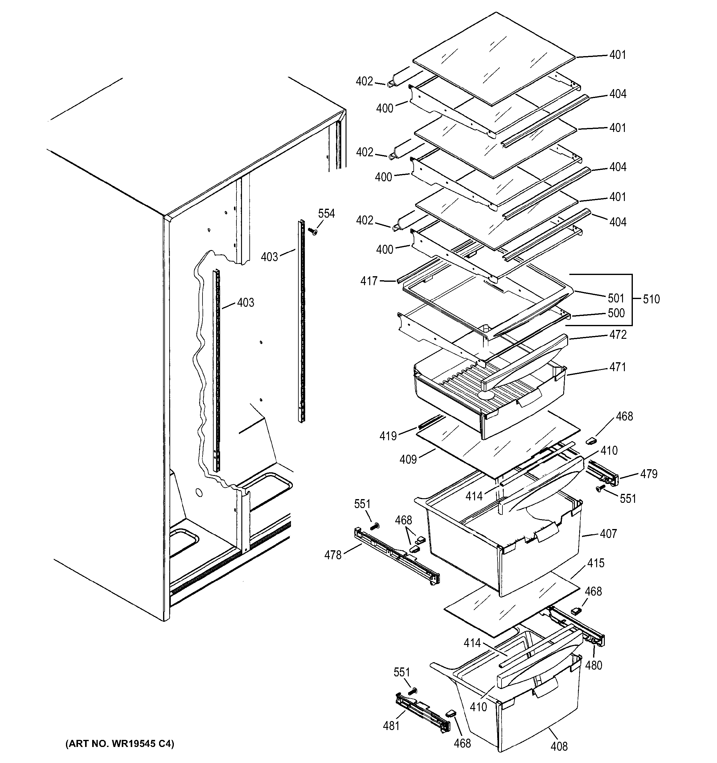 GE GSH25GGCBBB fresh food shelves diagram