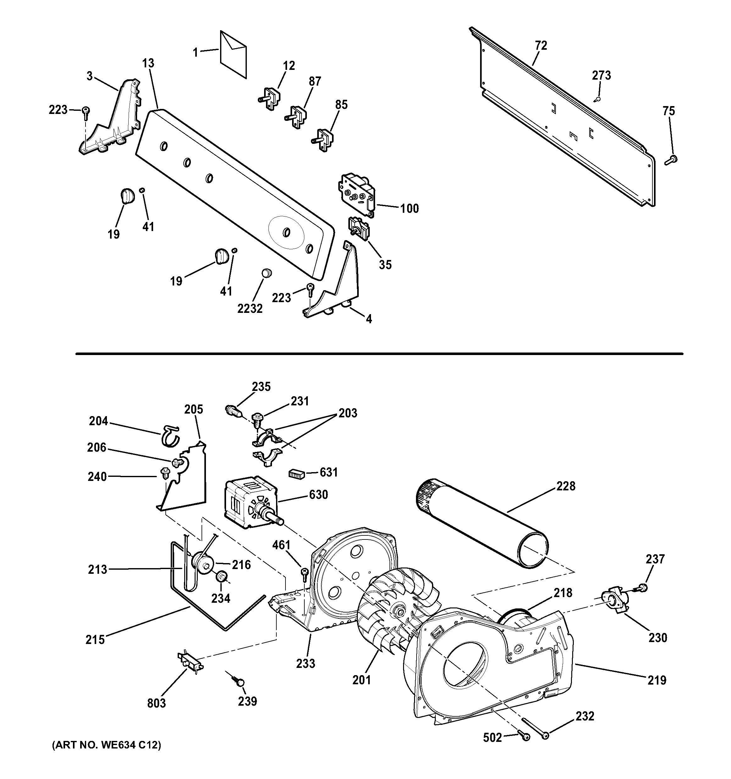 GE GTDP450GD1WS backsplash, blower & drive assembly diagram