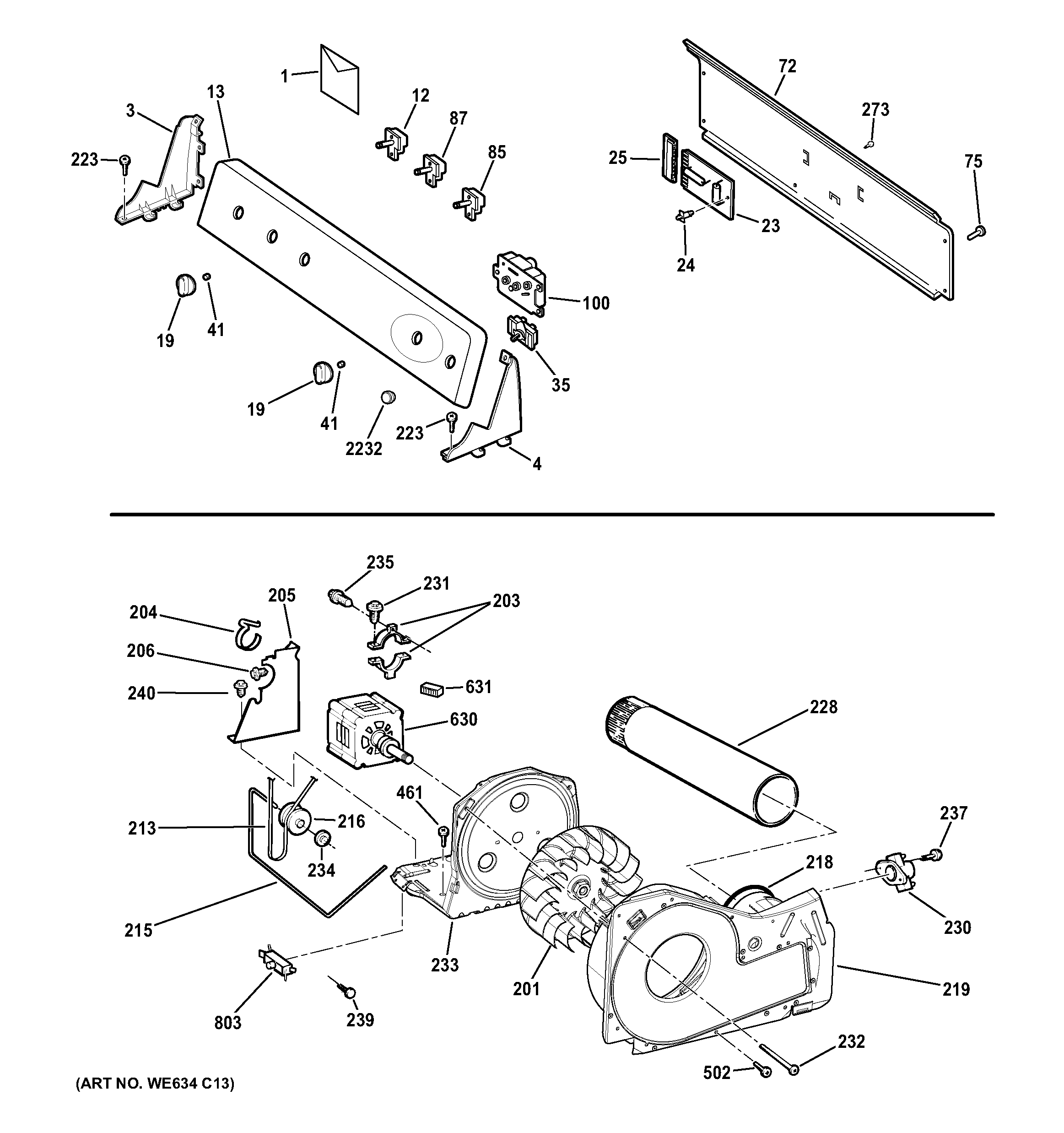 GE GTDP490GD2WS backsplash, blower & drive assembly diagram