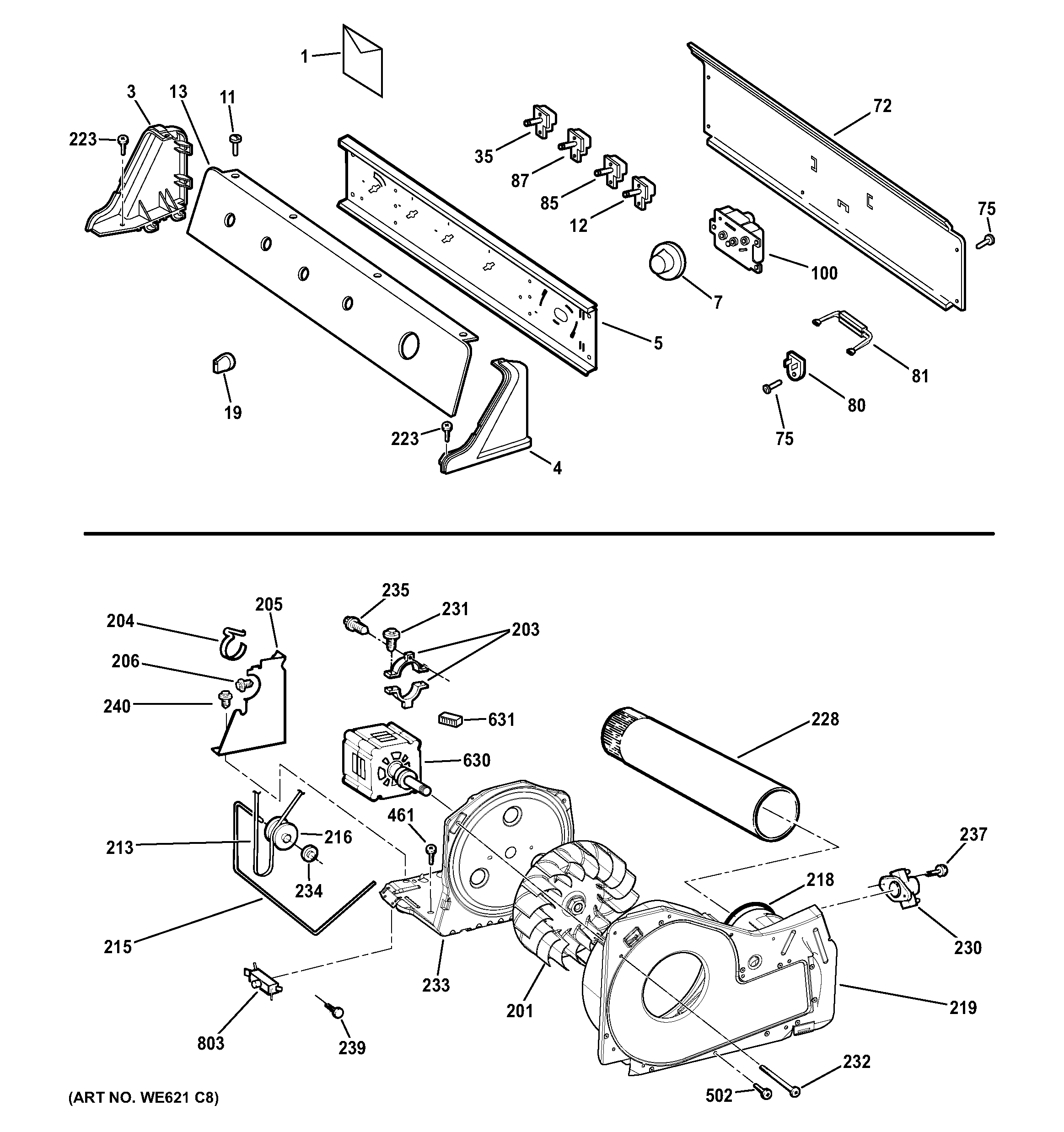 GE DISR473DGEWW backsplash, blower & motor assembly diagram