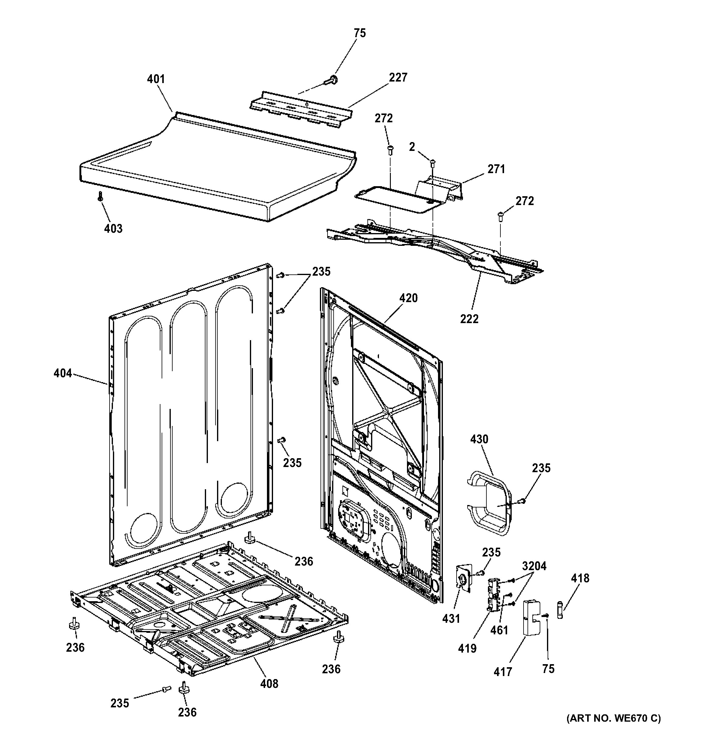 GE GIDP400JD2WW cabinet & top panel diagram
