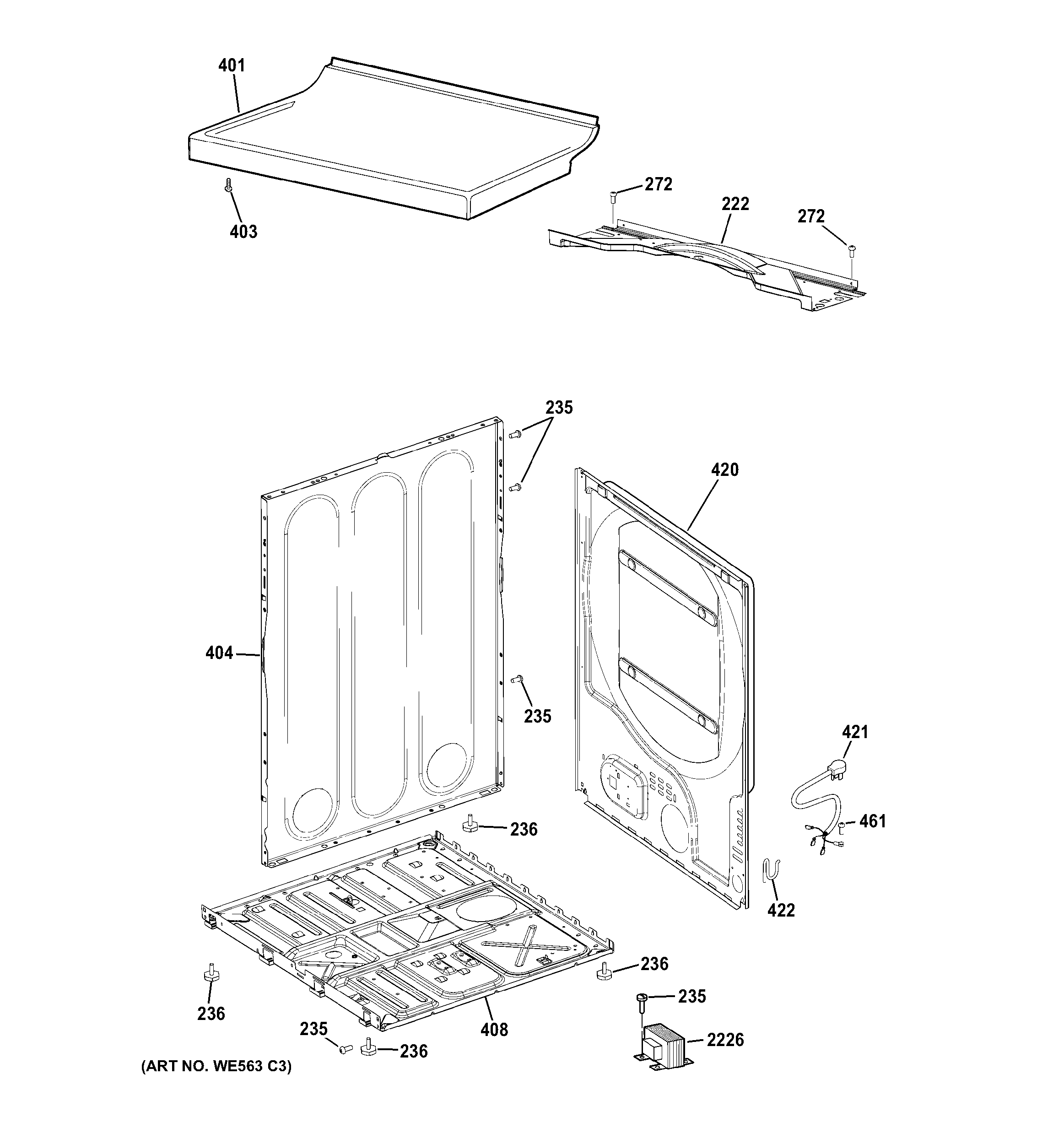 GE DISR333FCFWW cabinet & top panel diagram