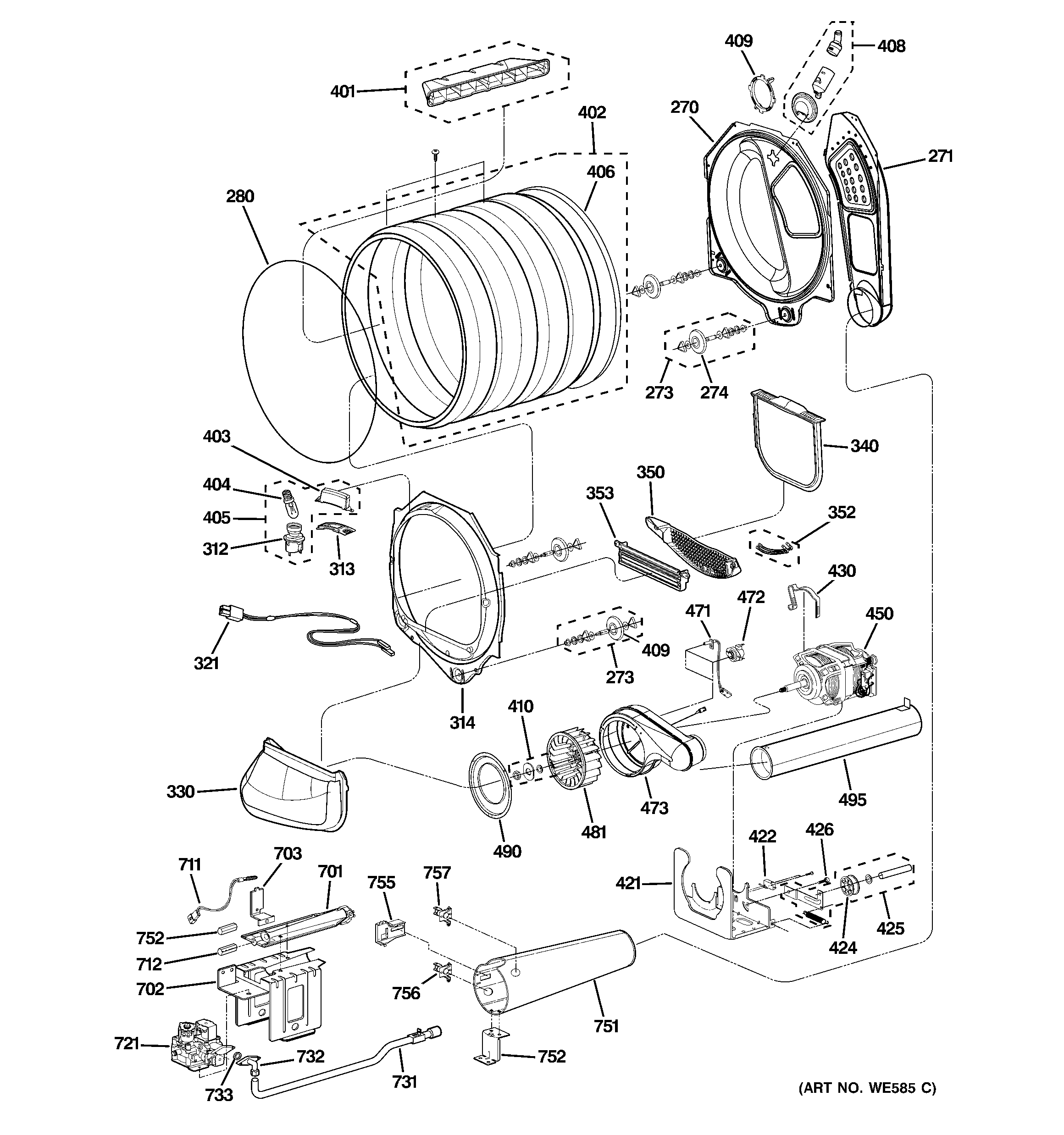 GE PTDS855GM0MS drum, blower & motor assembly diagram