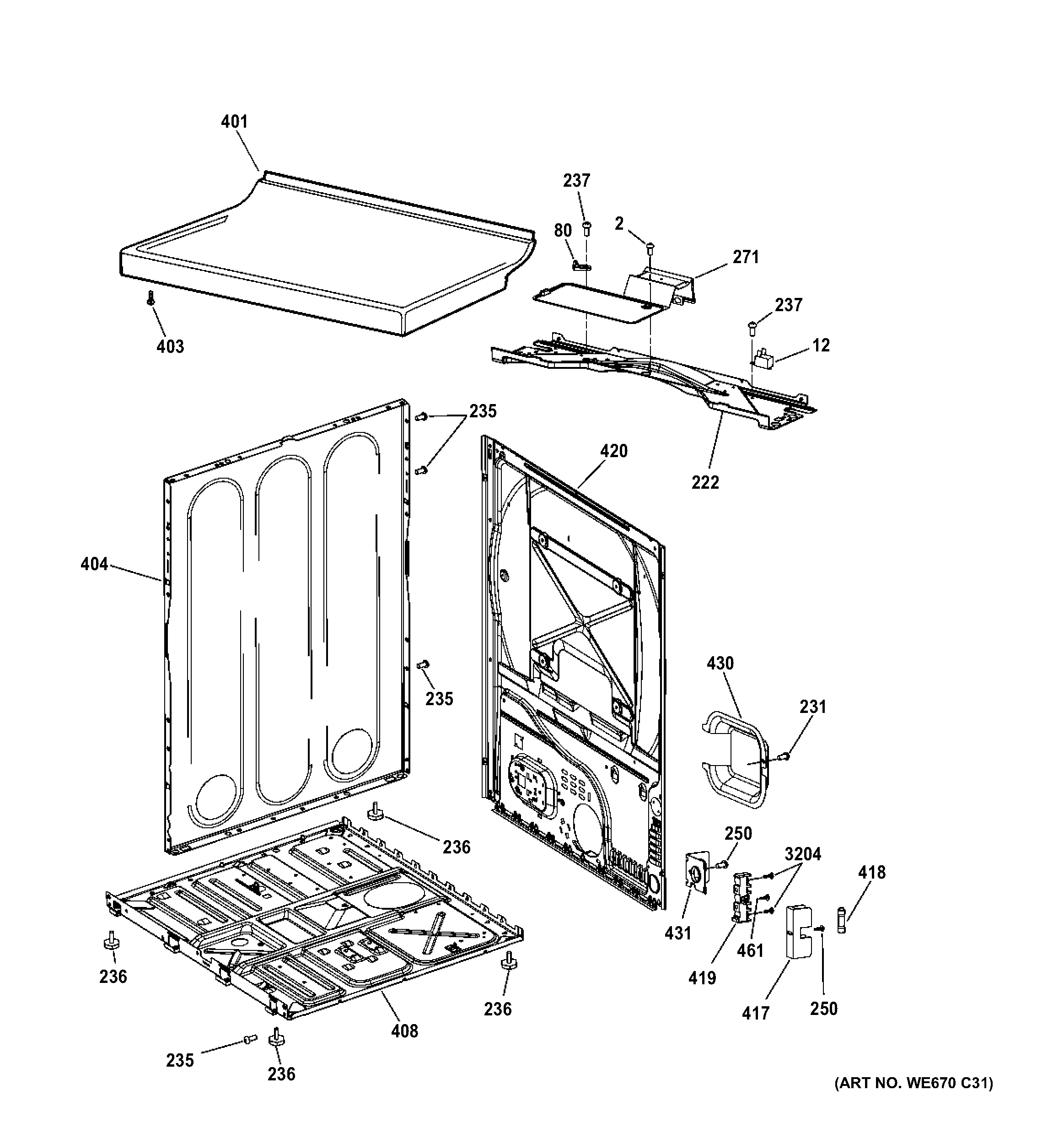 GE GTDX185ED4CC cabinet & top panel diagram