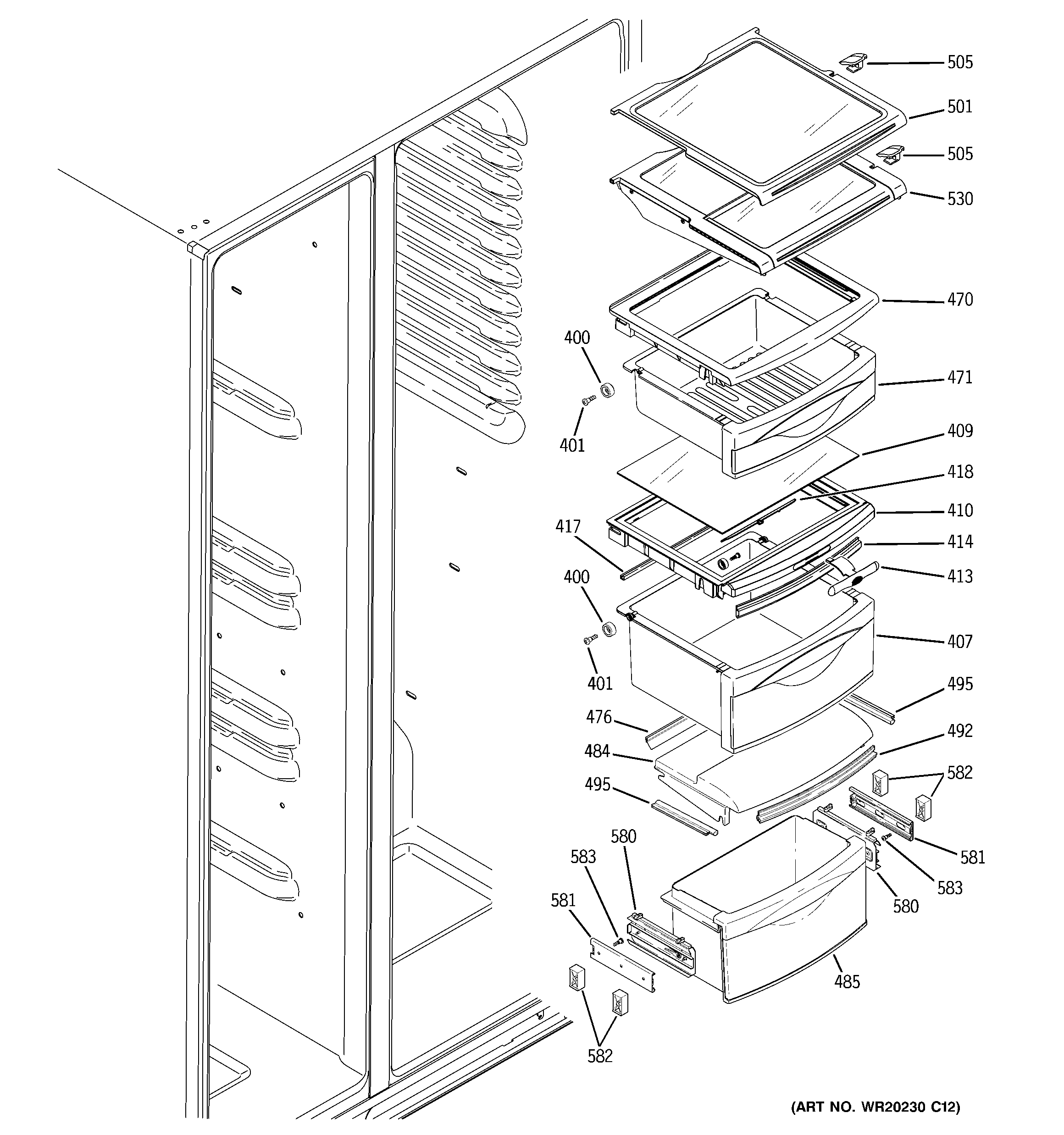 GE GZS23HSEDFSS fresh food shelves diagram